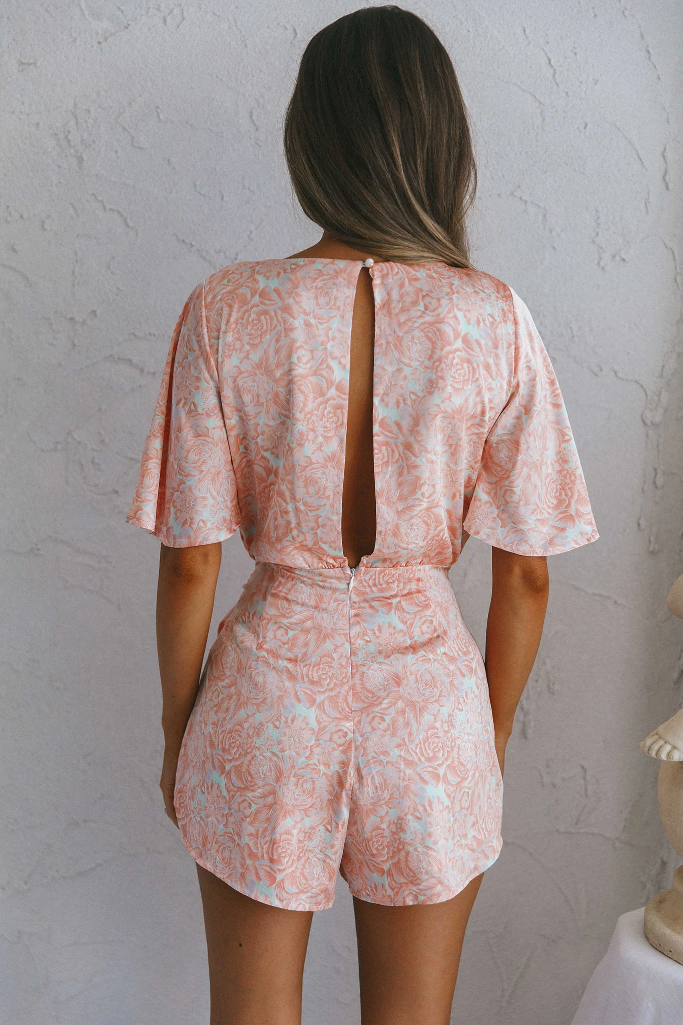 Nadi V-Neckline Wrap Romper Flower Paint Print Pink - Seraphlike