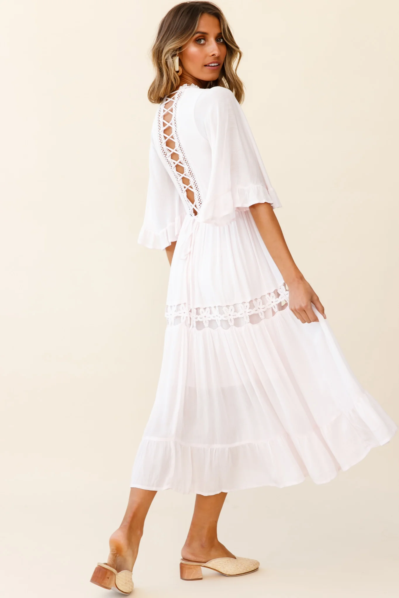 Feeling Groovy Bell Sleeve Crochet Trim Maxi Dress Pink - Seraphlike