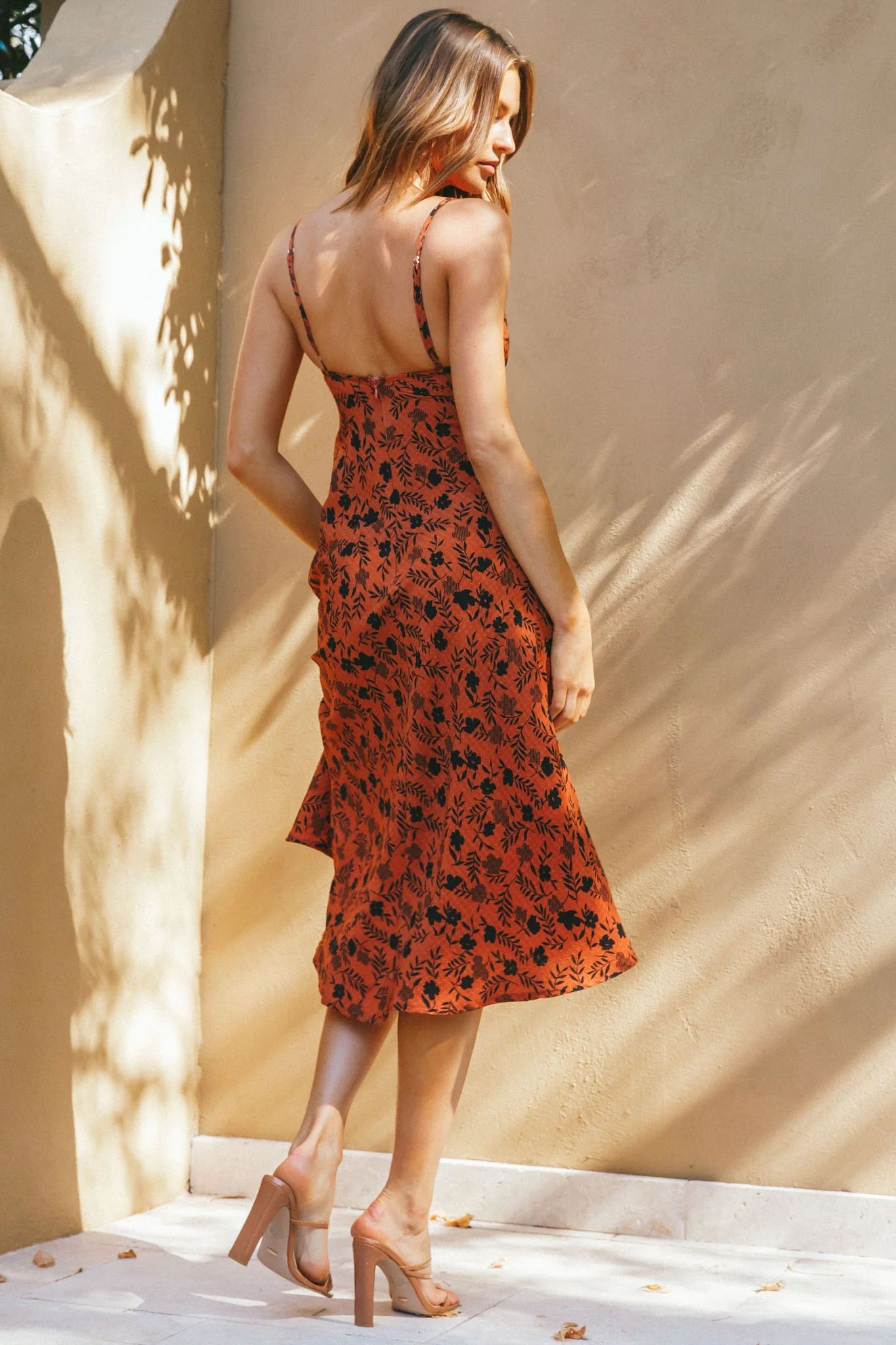 Melancholy Resin Buckle Midi Dress Floral Print Orange - Seraphlike