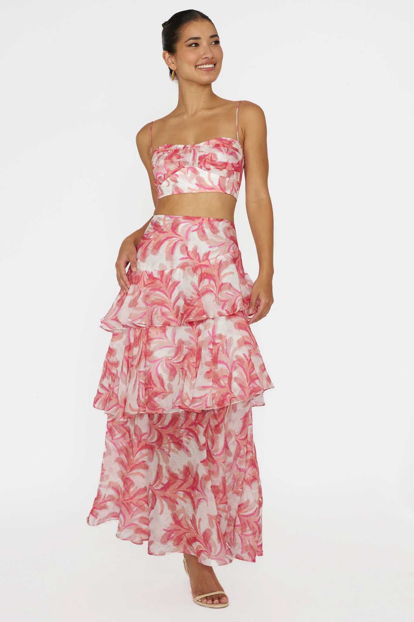 Veda Tiered Ruffle Maxi Skirt Floral Pink - Seraphlike