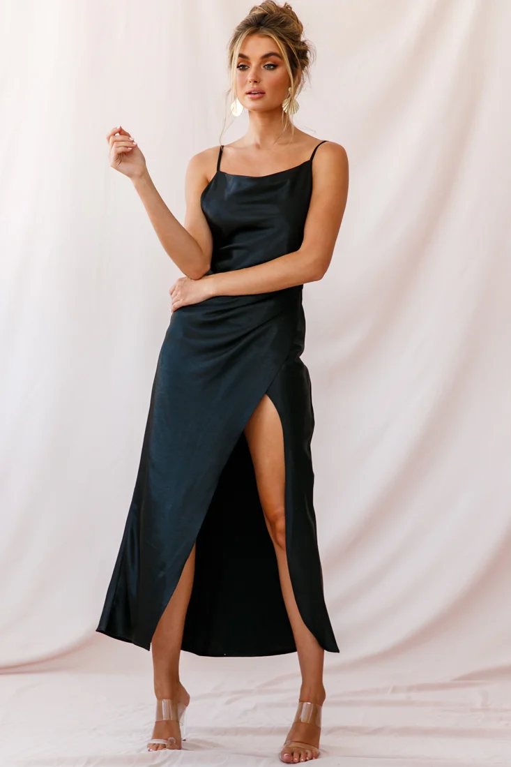 Hey Girl Long Satin Cowl Neck Dress Black - Seraphlike