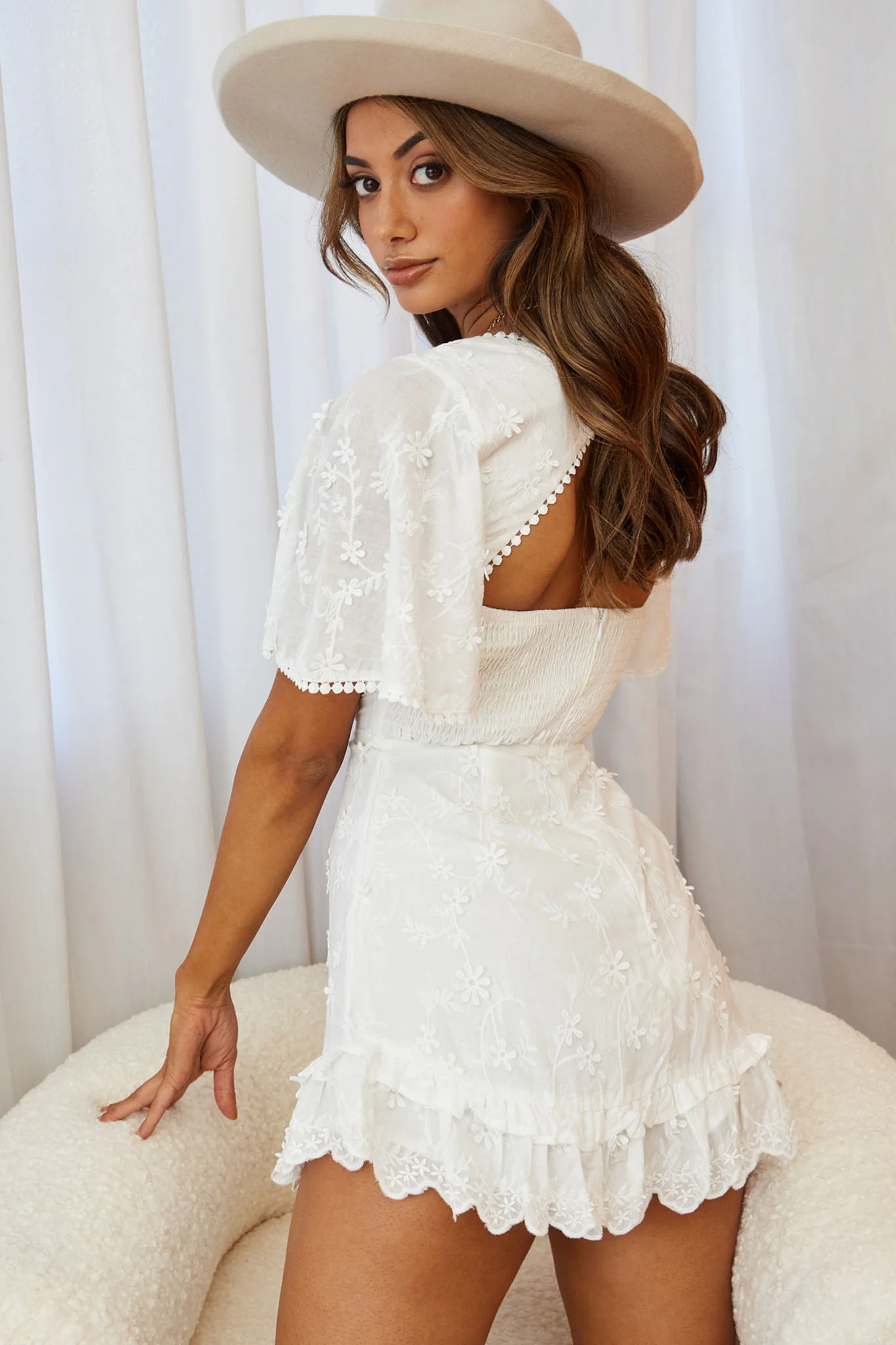 Joanie Angel Sleeve Floral Embroidery Mini Dress White - Seraphlike