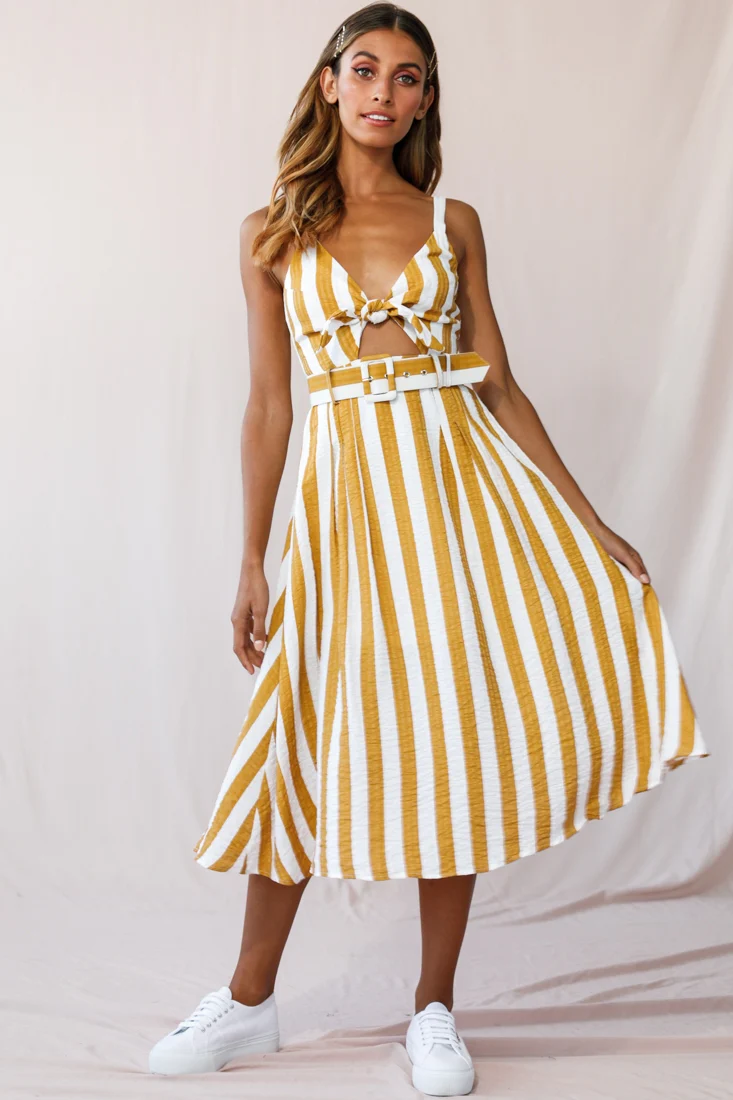 Crystal Tied Knot Belt Midi Dress Mustard - Seraphlike