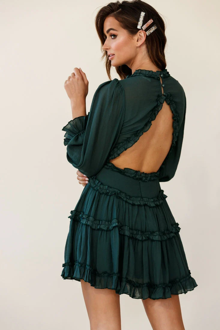Laney Cutout Back Balloon Sleeve Dress Green - Seraphlike