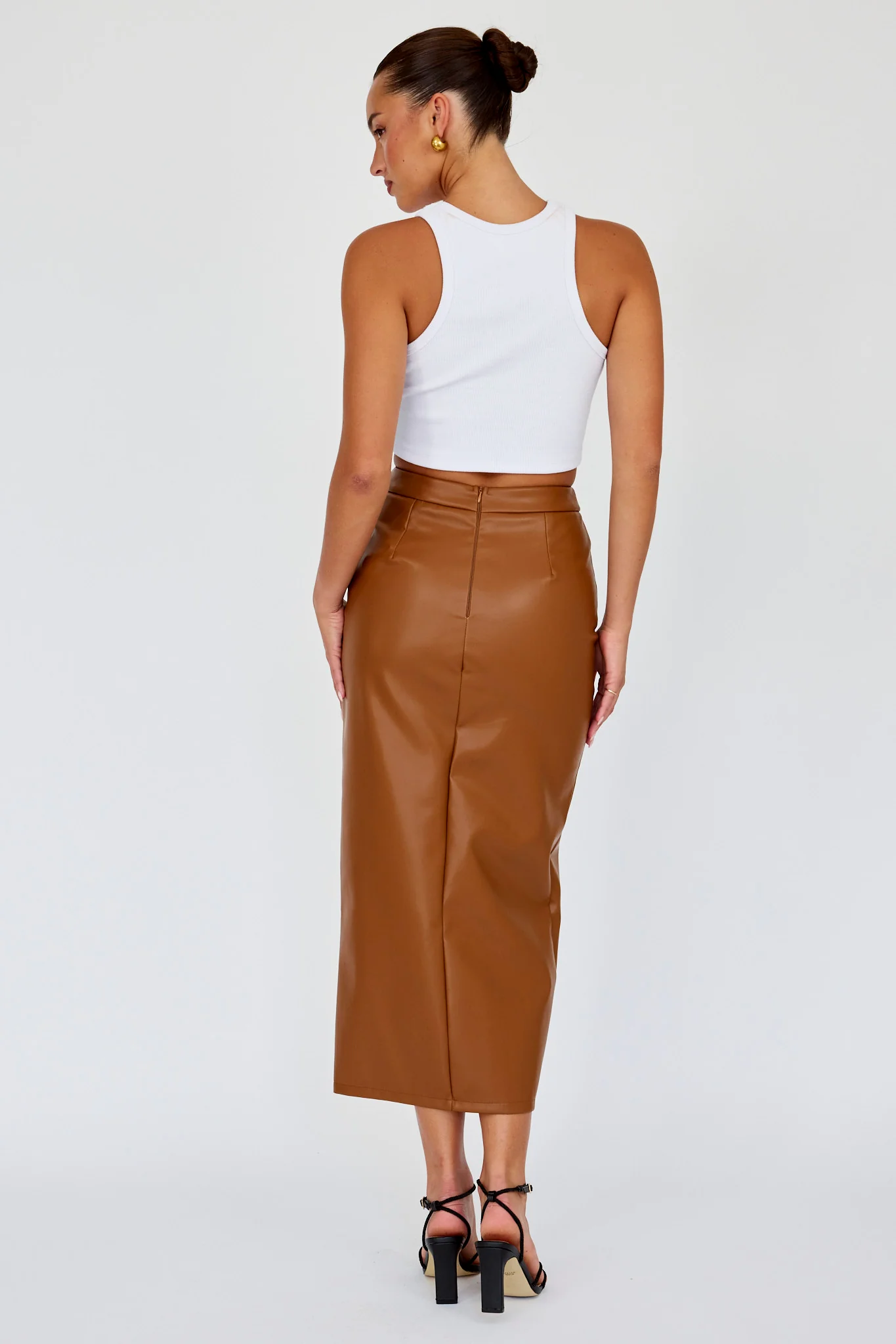 Kane Faux Leather Midi Skirt Brown - Seraphlike