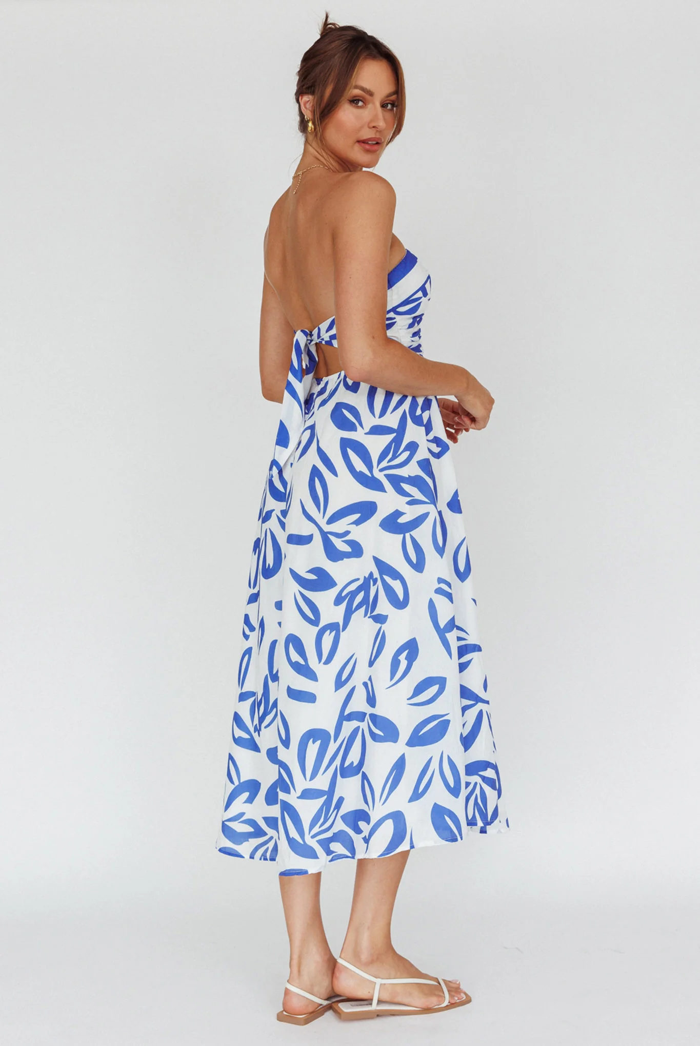Randi Tie-Back Maxi Dress Leaf Print Blue - Seraphlike