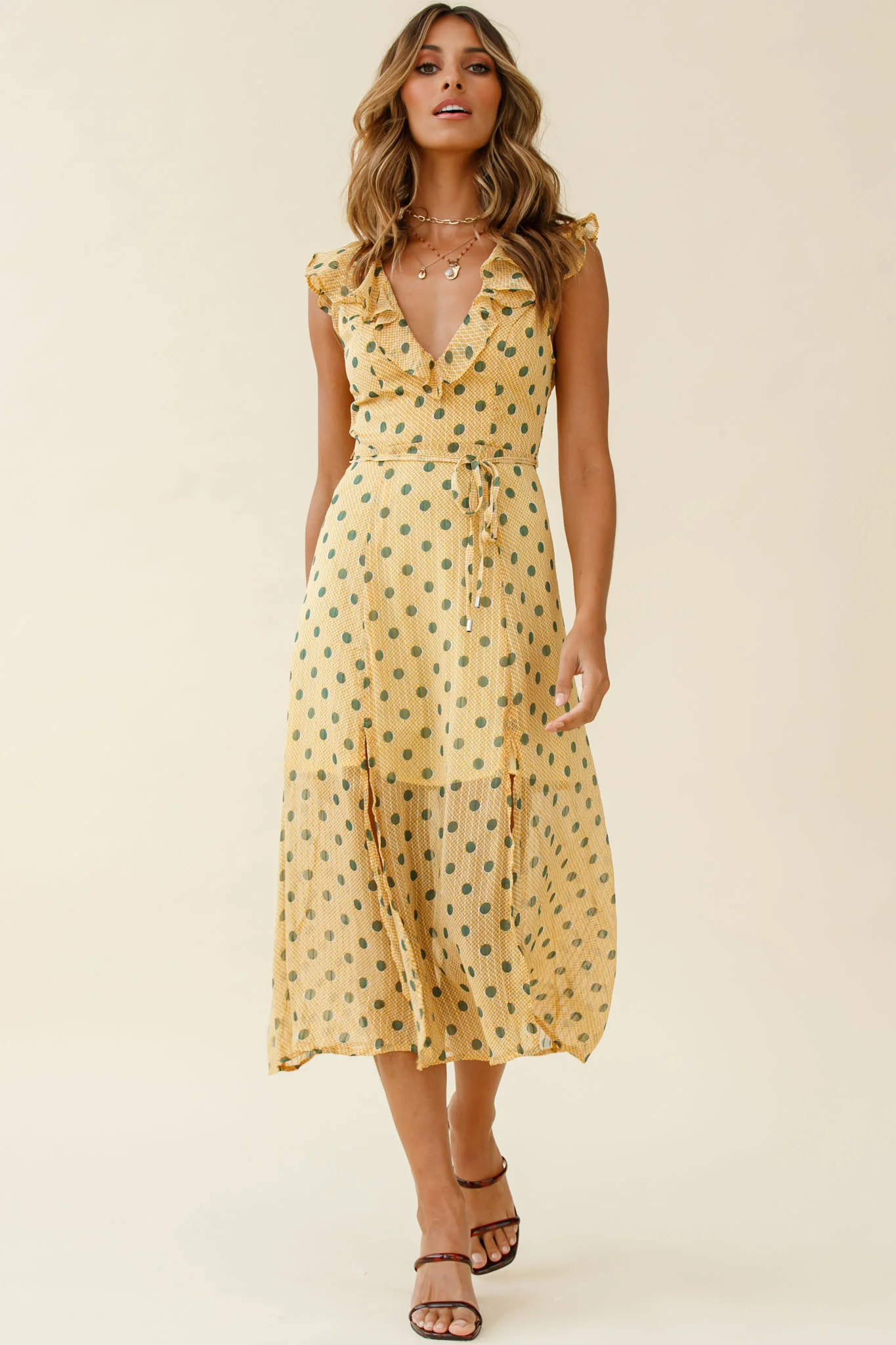 Karina Frill Neckline Midi Dress Polka Dot Print Mustard - Seraphlike