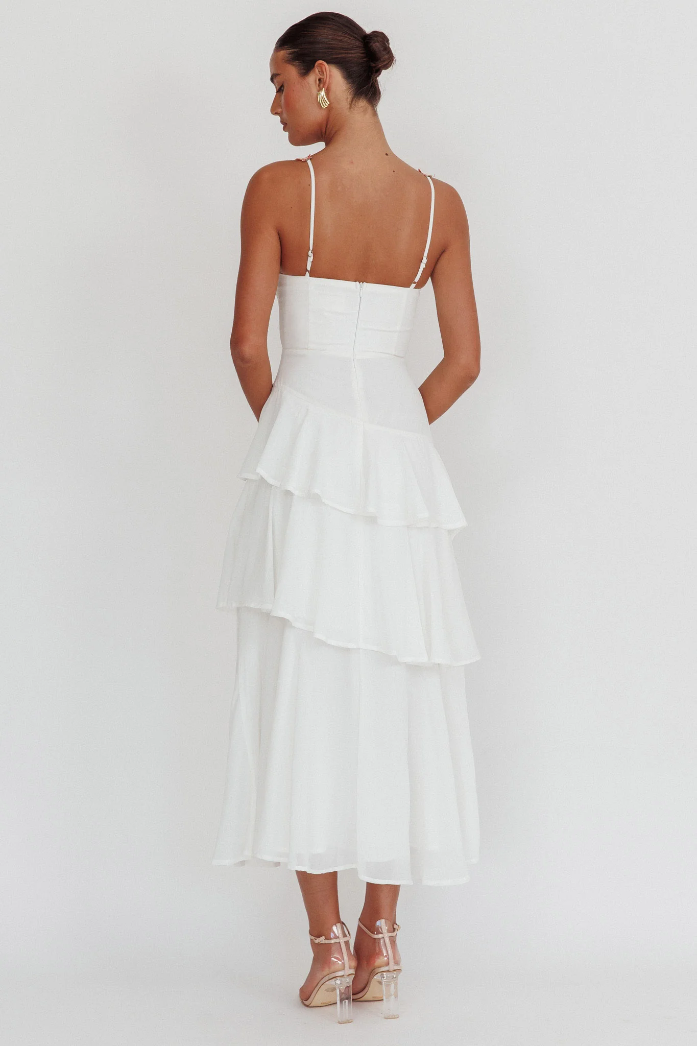 Rose Garden Tiered Ruffle Floral Trim Maxi Dress White - Seraphlike