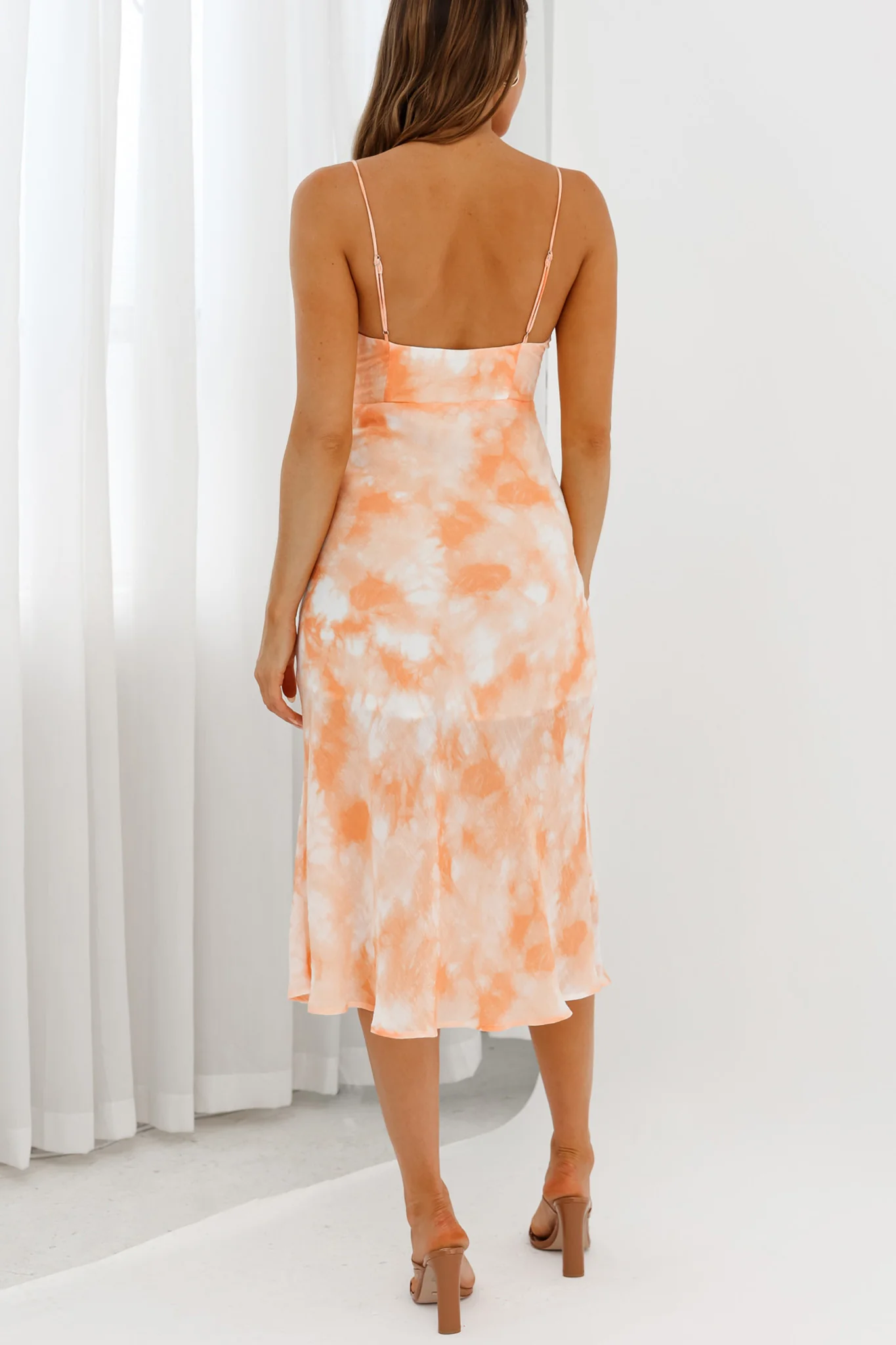Malibu Gathered Bust Cami Strap Midi Dress Tie-Dye Orange - Seraphlike