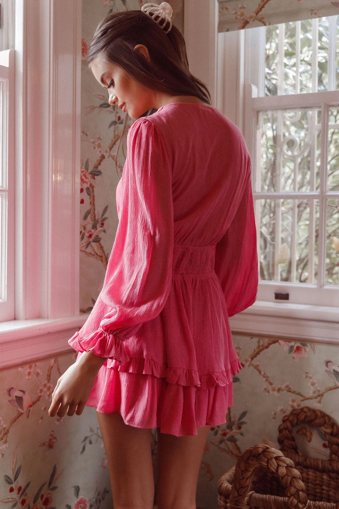 Anthea Bow-Tie Front Layered Frill Dress Hot Pink - Seraphlike