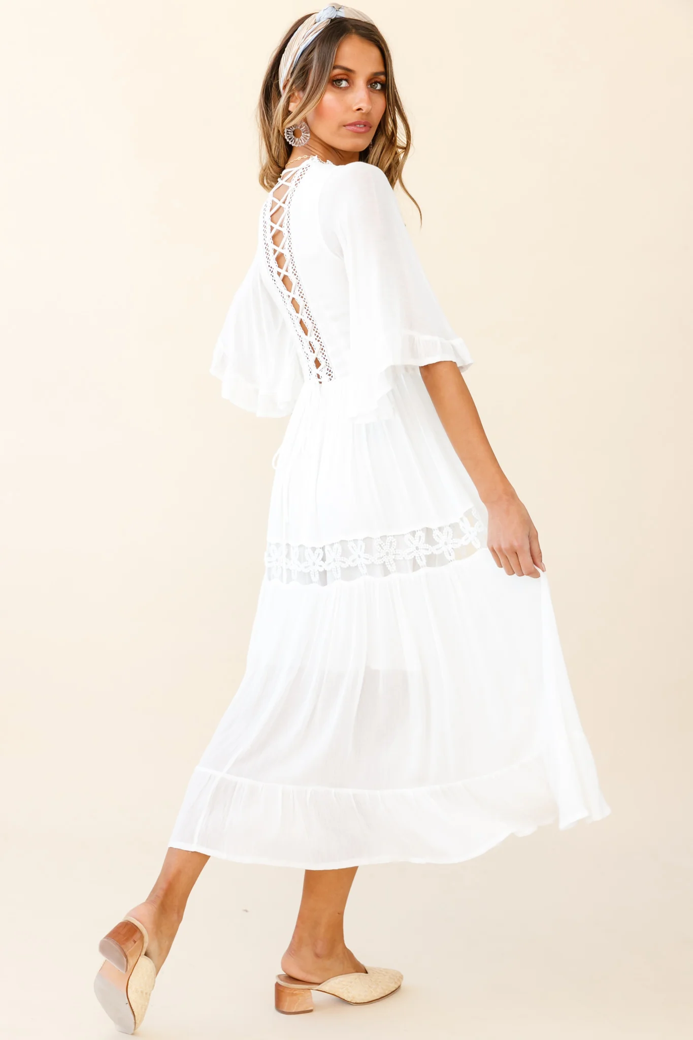 Feeling Groovy Bell Sleeve Crochet Trim Maxi Dress White - Seraphlike