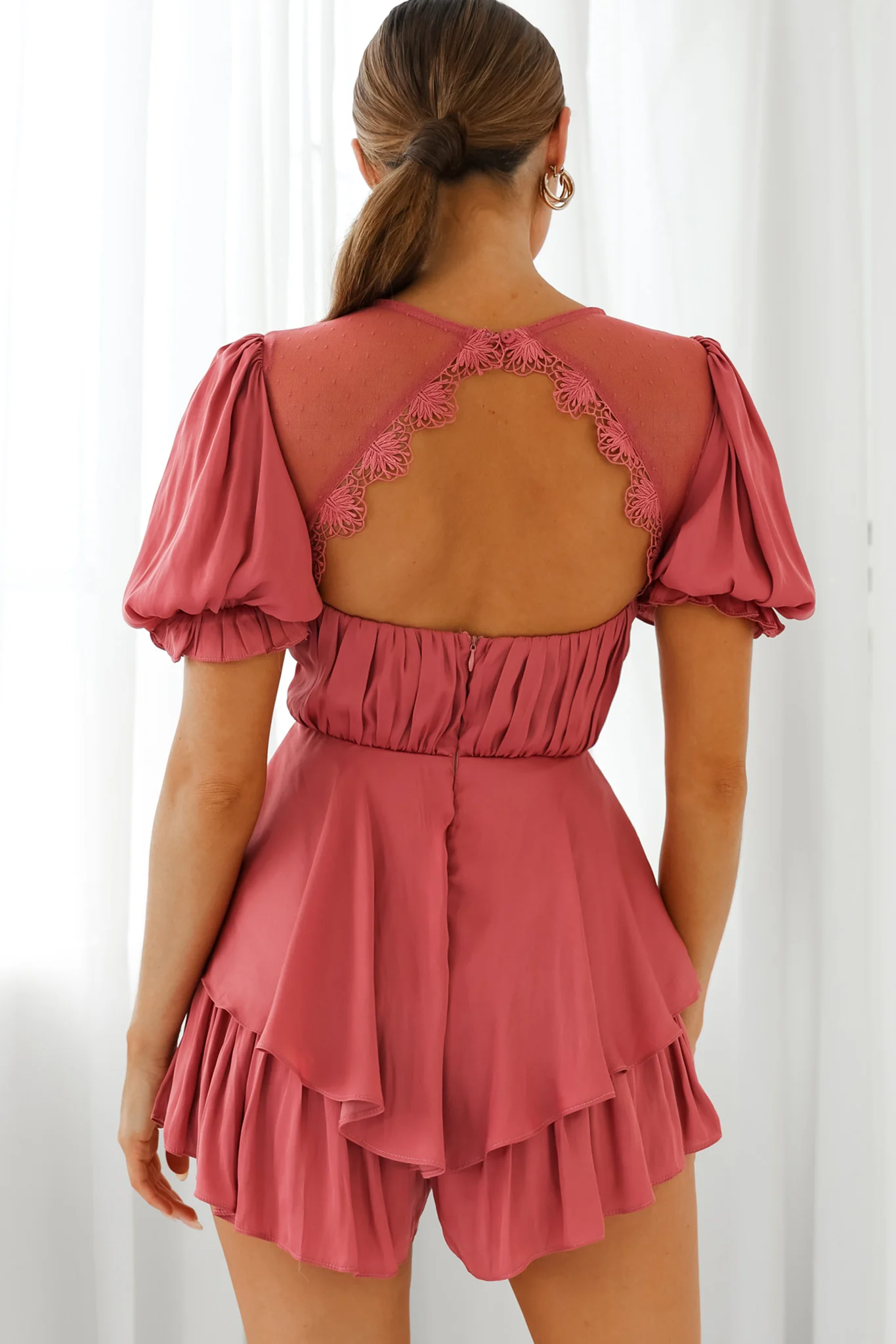 L'amour Lace Mesh Bust Puff Sleeve Romper Rose - Seraphlike