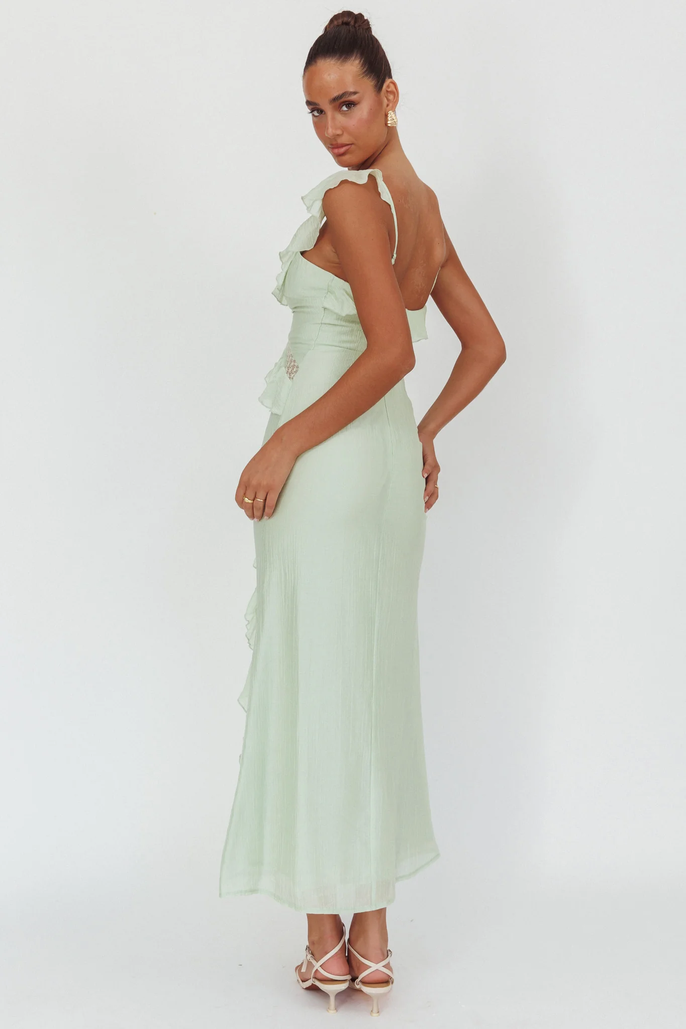 La Estrella Ruffle And Lace Trim Maxi Dress Sage - Seraphlike