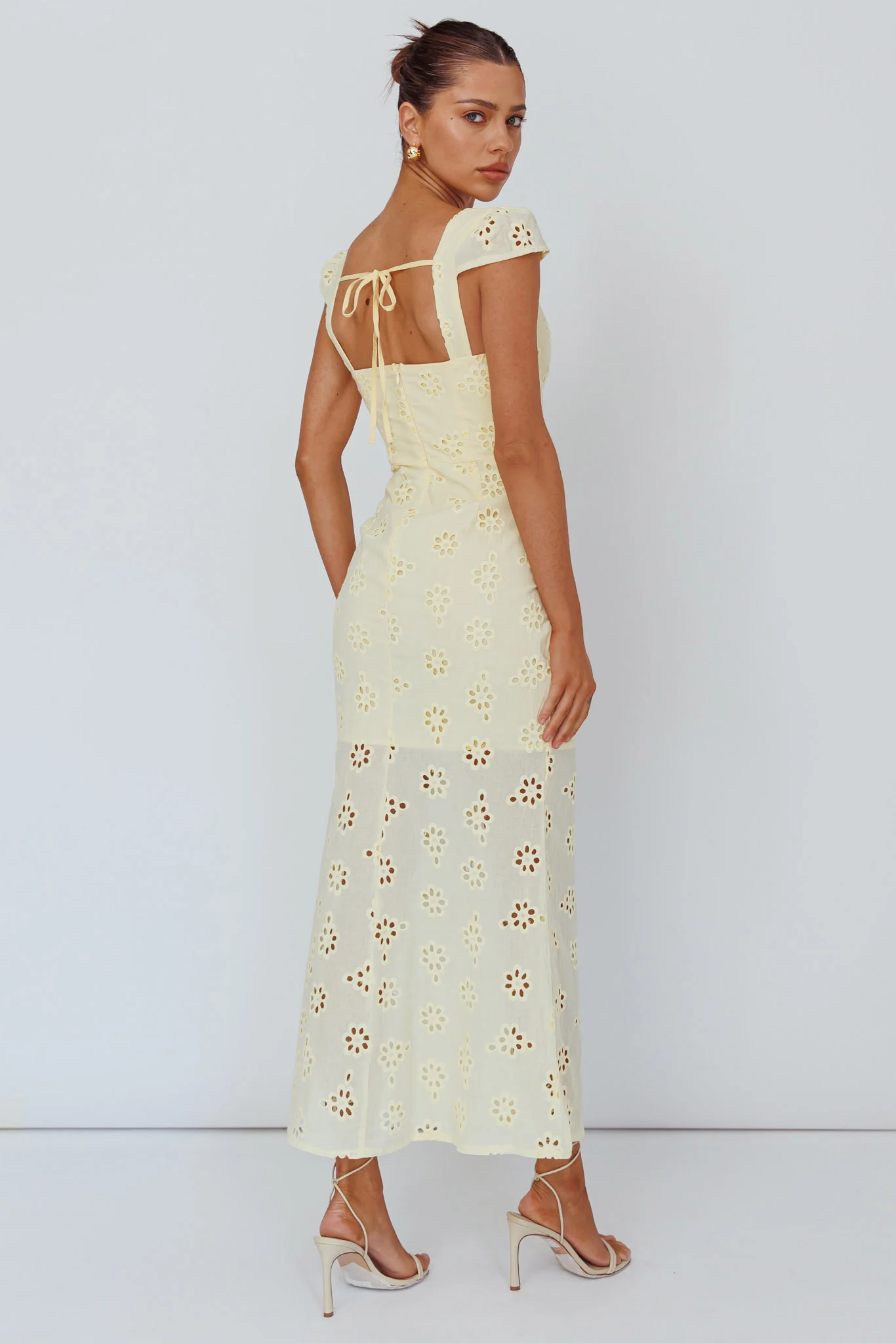Bohemian Sun Cap Sleeve Eyelet Midi Dress Yellow - Seraphlike