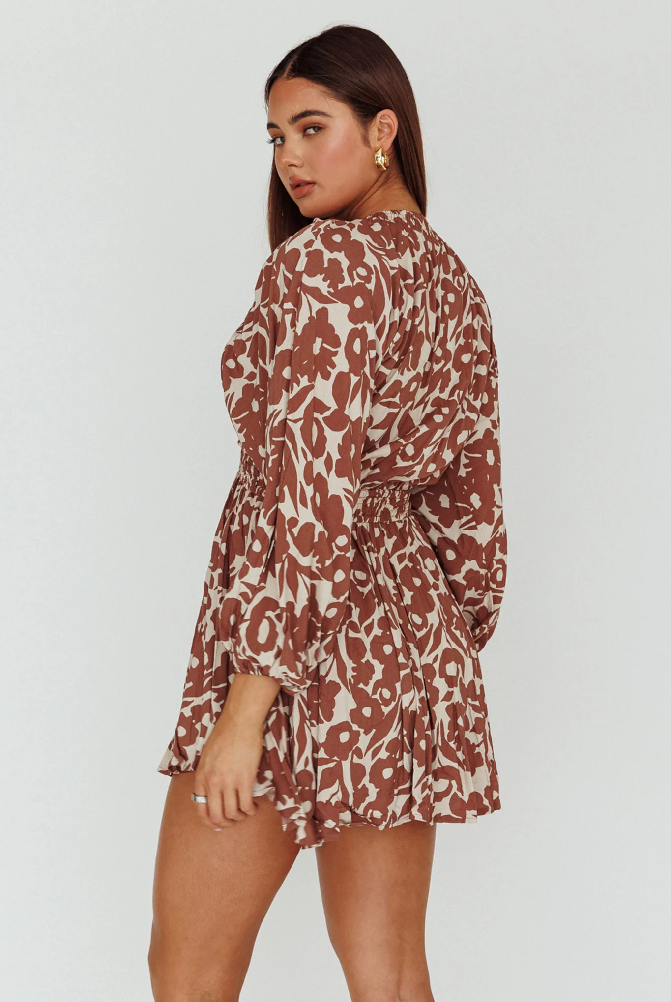 Going Your Way Long Sleeve Mini Dress Floral Brown - Seraphlike
