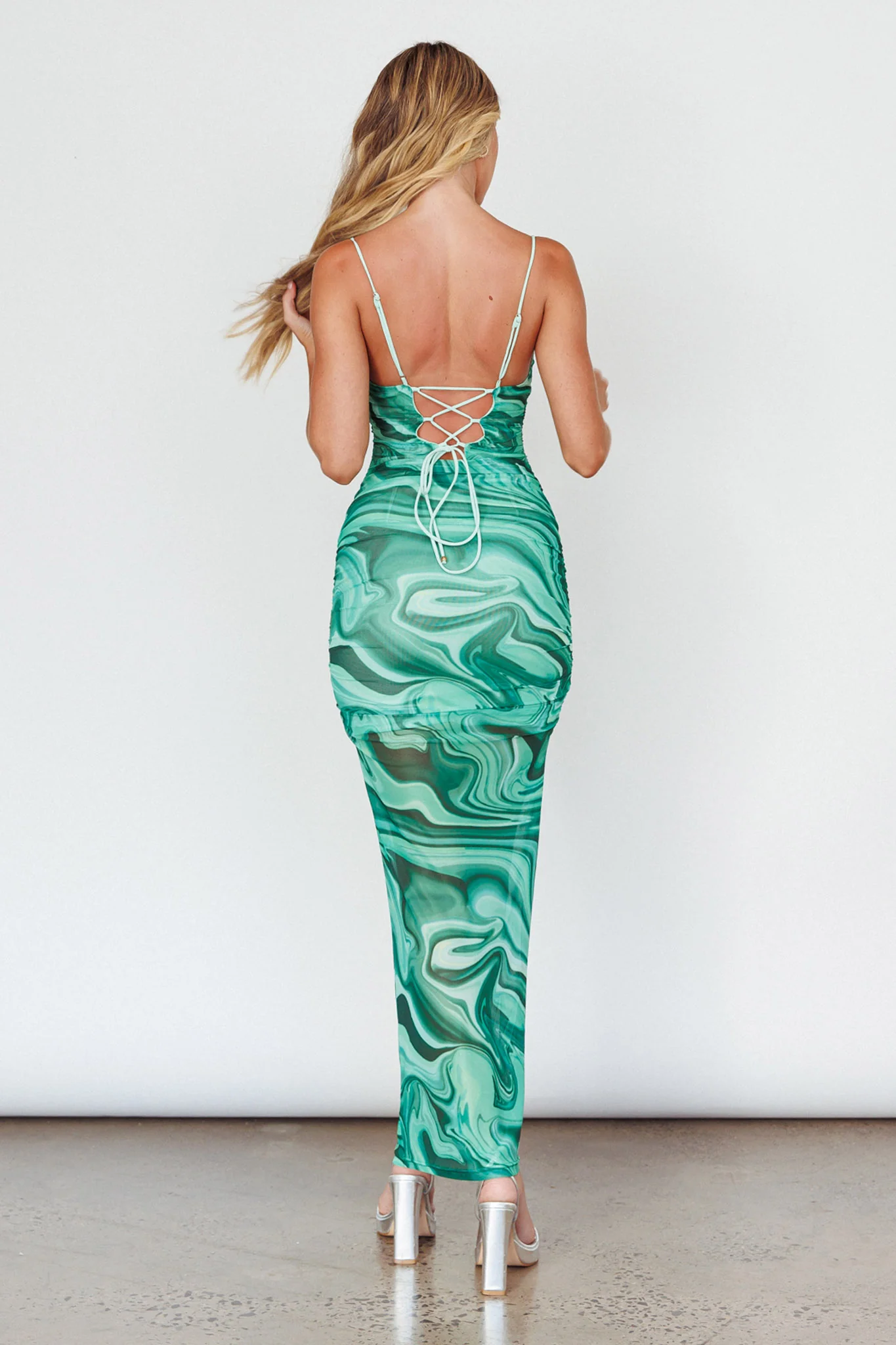 Love In Miami Lace-Up Back Maxi Dress Marble Green - Seraphlike