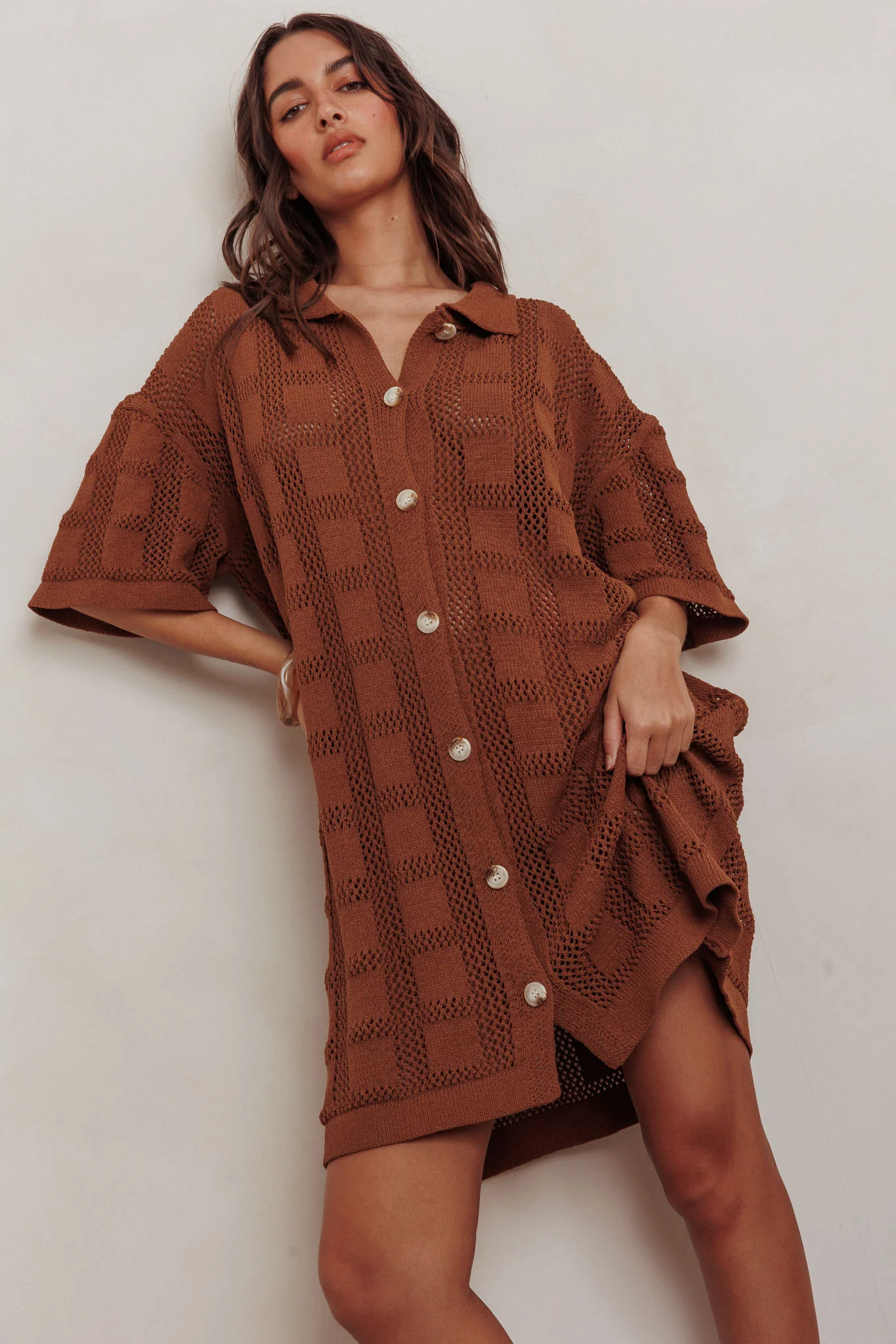 Best Friend Knit Shirt Dress Chocolate - Seraphlike