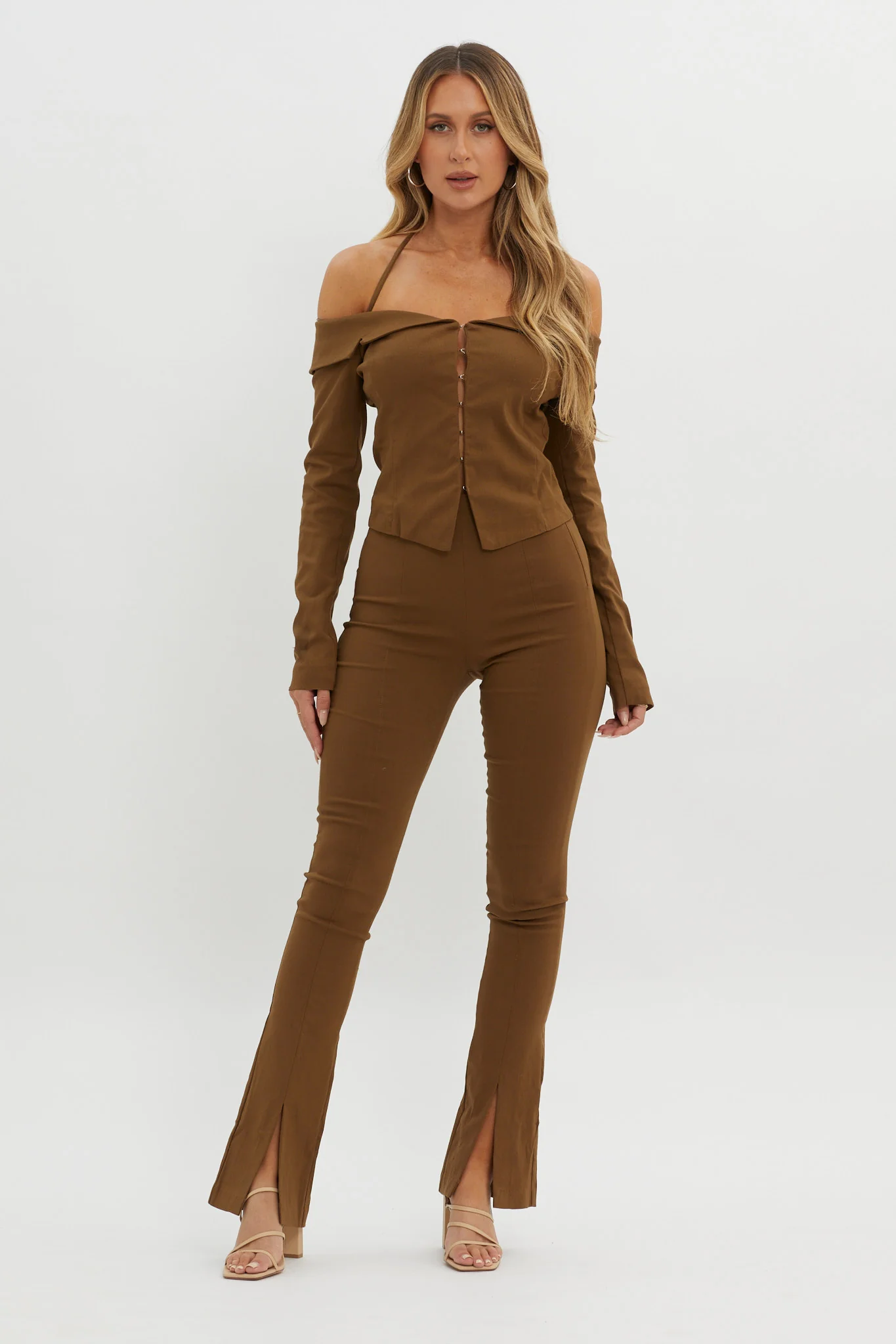 Zuzana Split Hem Flare Pants Brown - Seraphlike