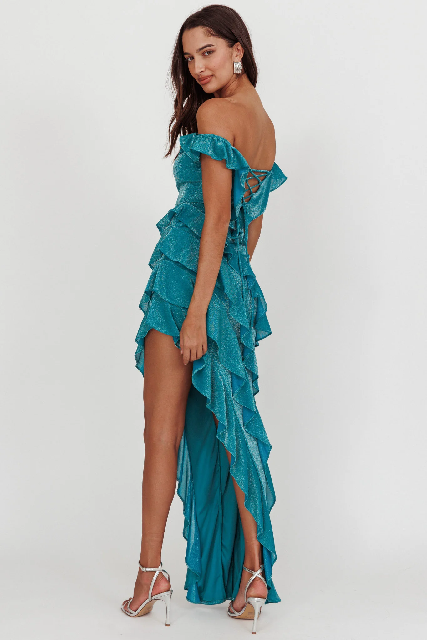 So Into You Off Shoulder Glitter Ruffle Dress Jade - Seraphlike