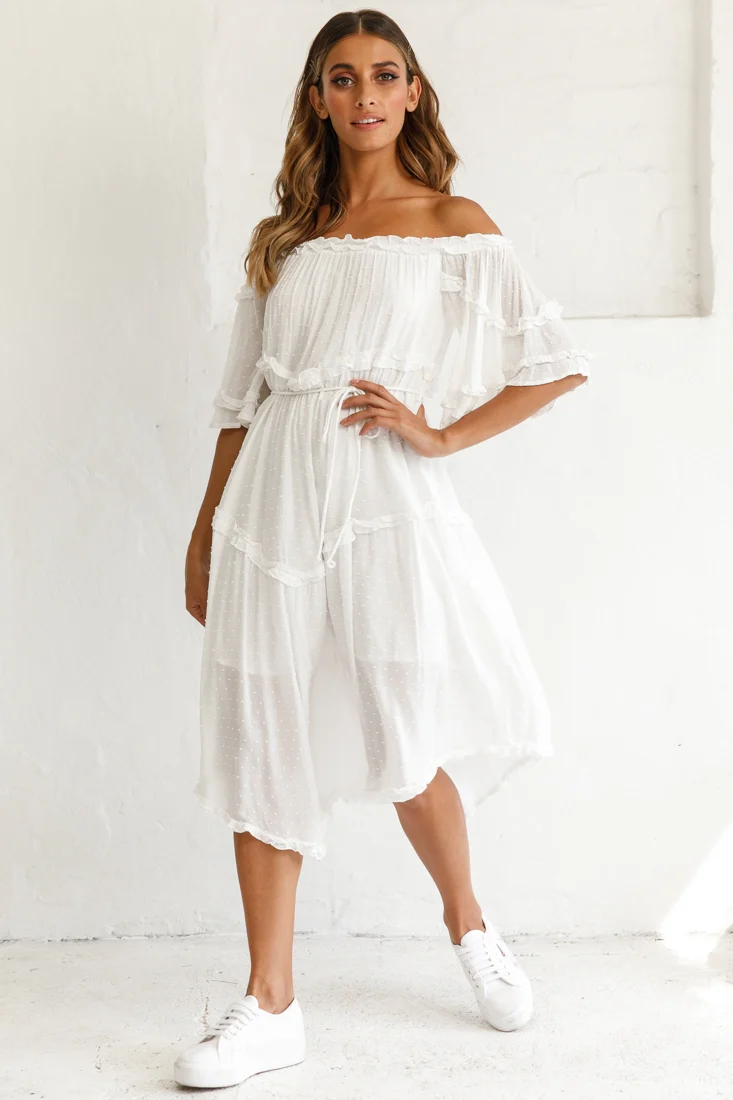 Renoir Off-Shoulder Frill Trim Midi Dress White - Seraphlike