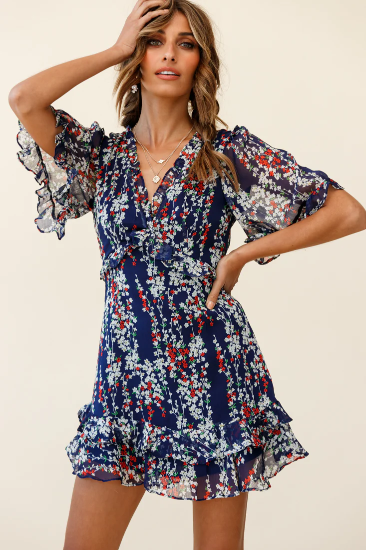 Sincerely V-Neck Double Frill Hem Tea Dress Floral Print Navy - Seraphlike