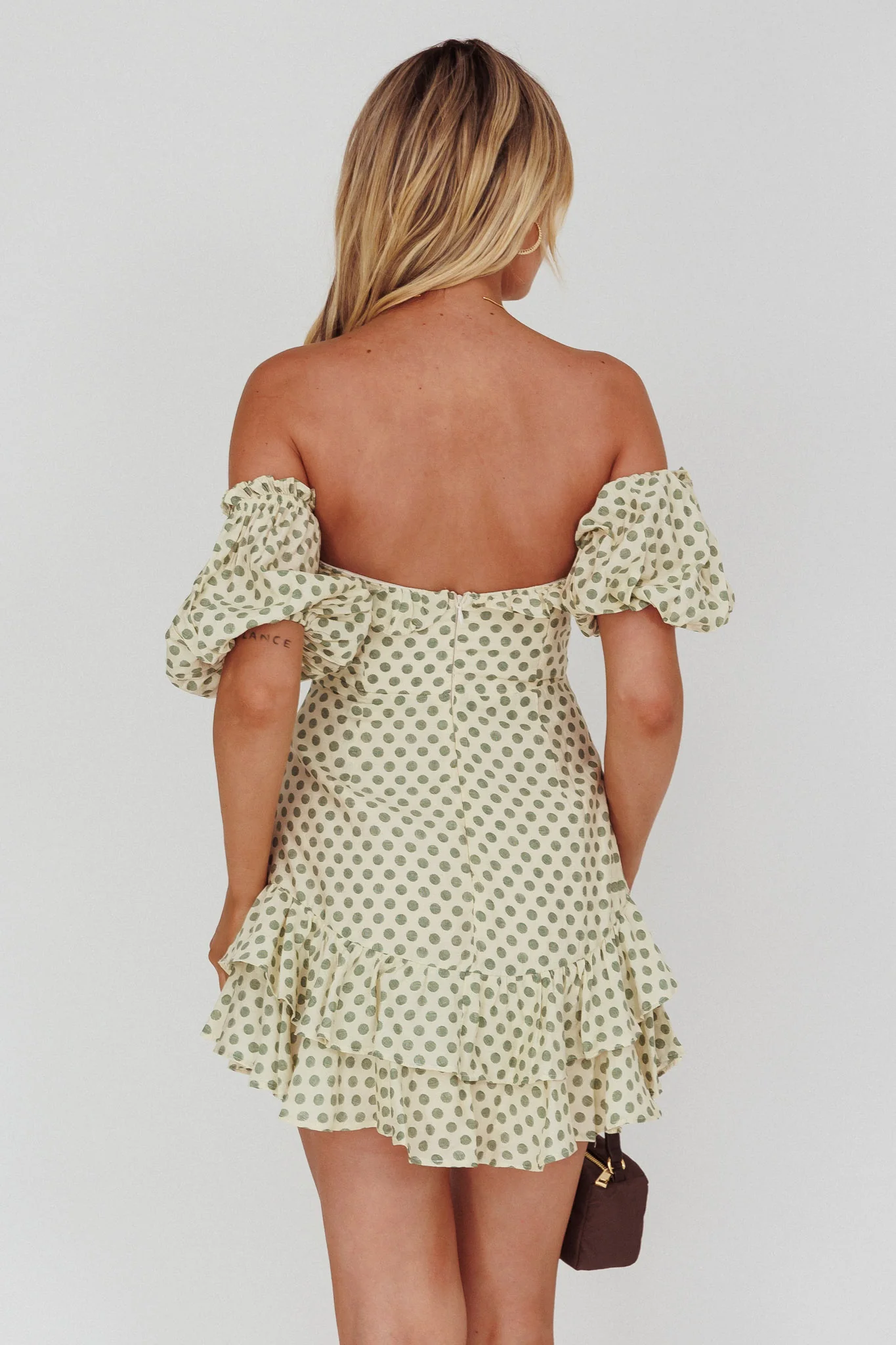 Homecoming Queen Sweetheart Neckline Puff Sleeve Dress Polka Dot Green - Seraphlike