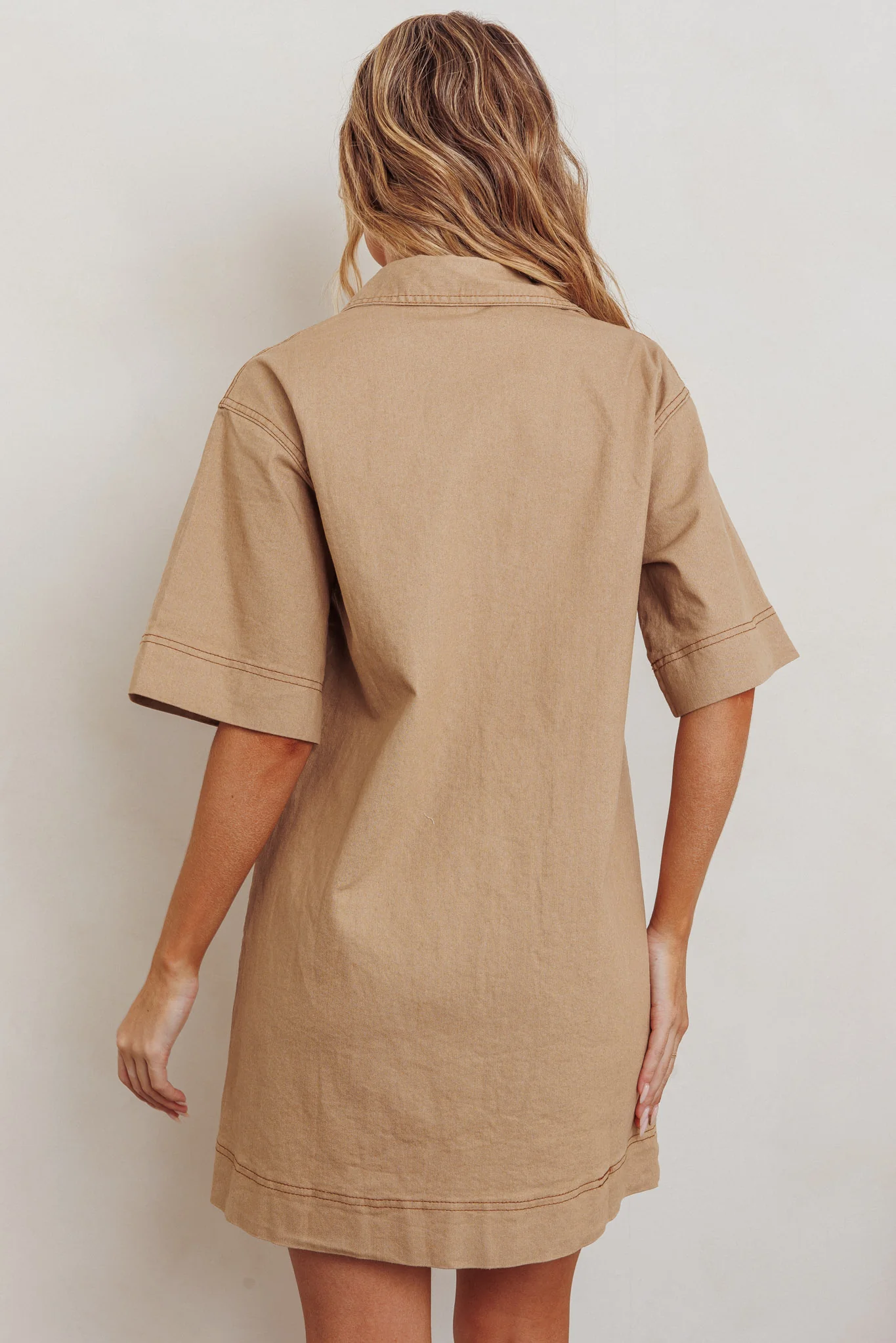 Admiration Contrast Stitching Boxy Mini Dress Beige - Seraphlike