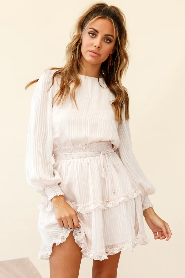 Mildred Long Sleeve Shirred Waist Frill Dress Nude - Seraphlike