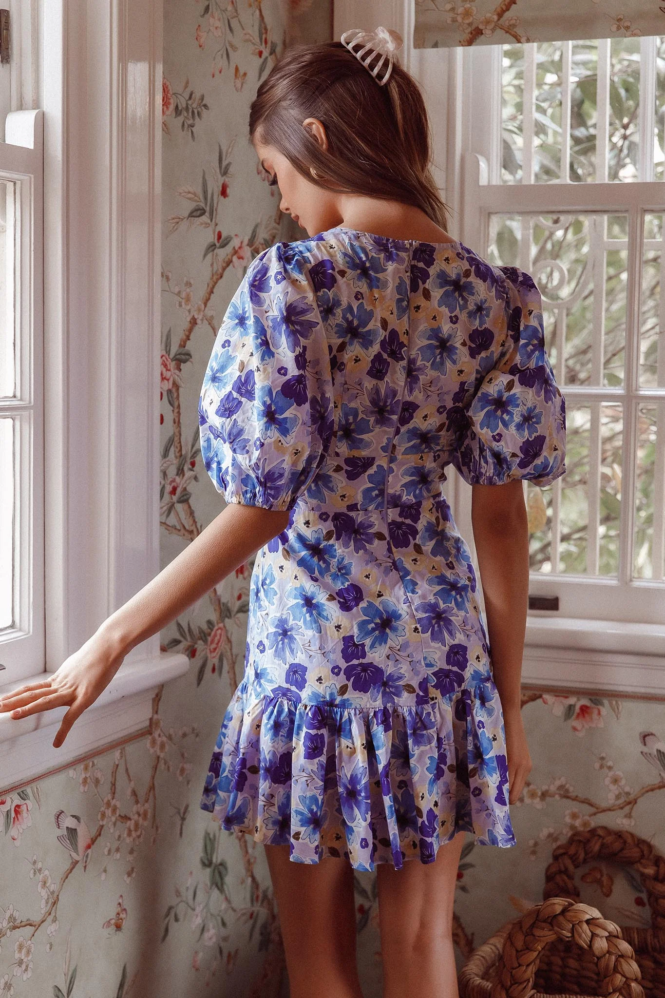 Jemilia Cut-Out Bust Flounce Mini Dress Floral Blue - Seraphlike