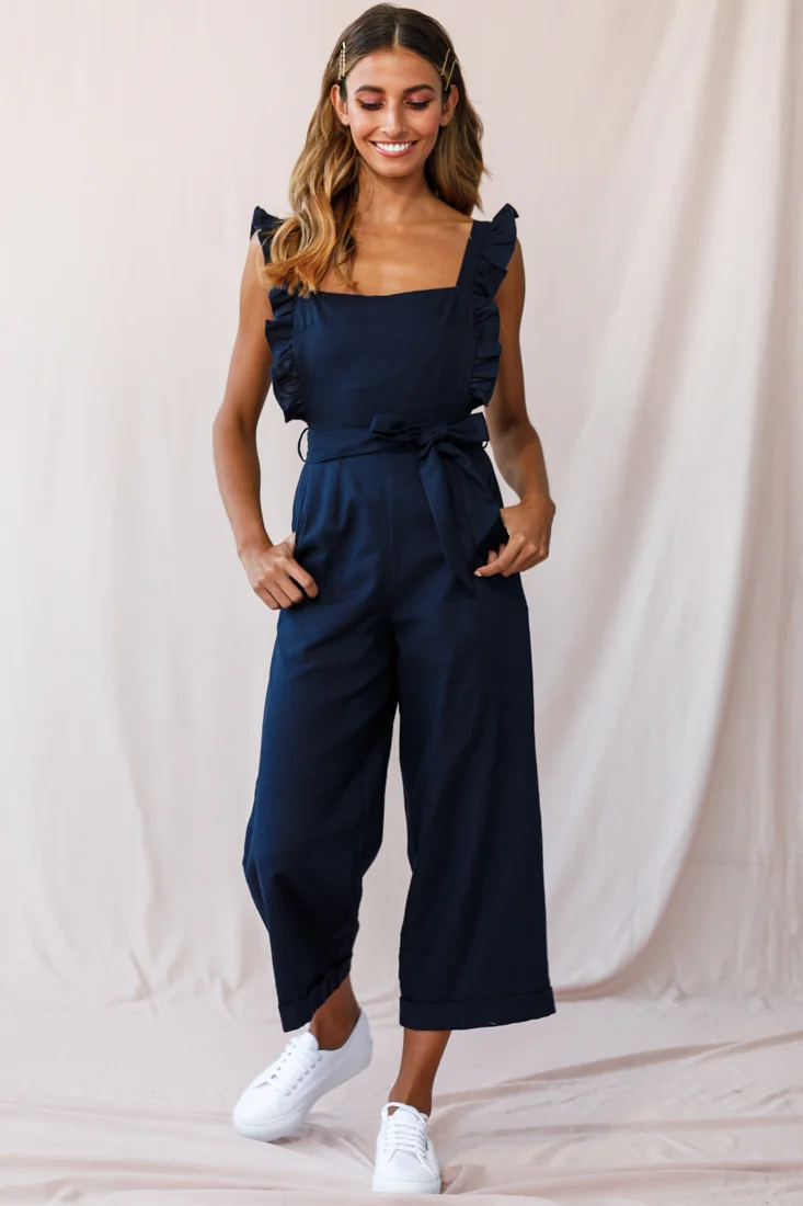 Serenade Ruffle Strap Pinafore Jumpsuit Navy - Seraphlike