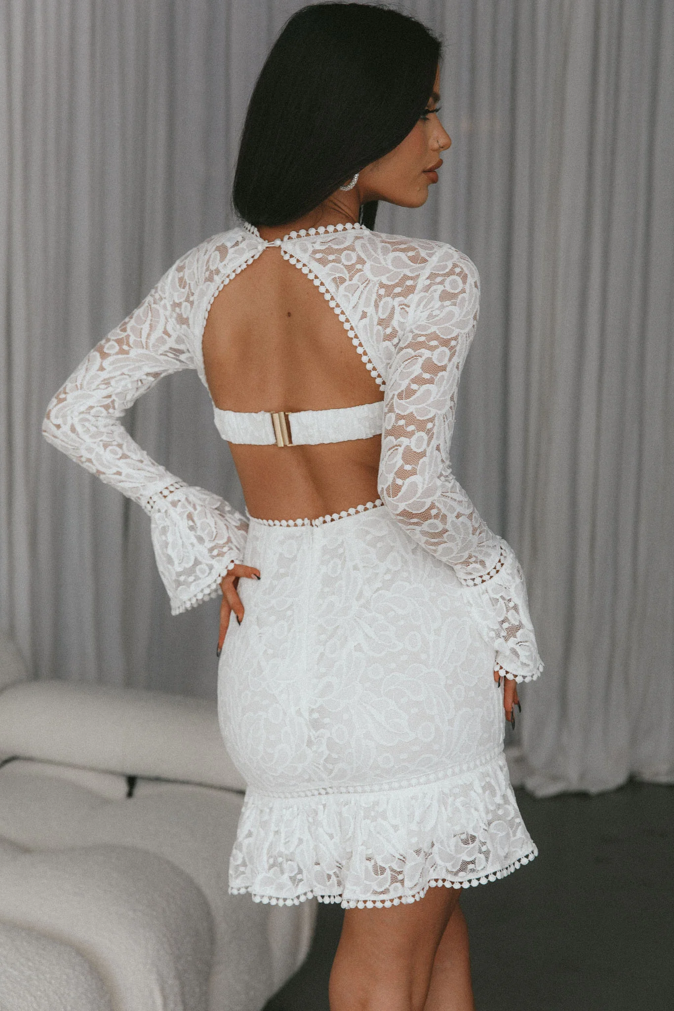 Elis Long Sleeve Buckle Dress Lace White - Seraphlike