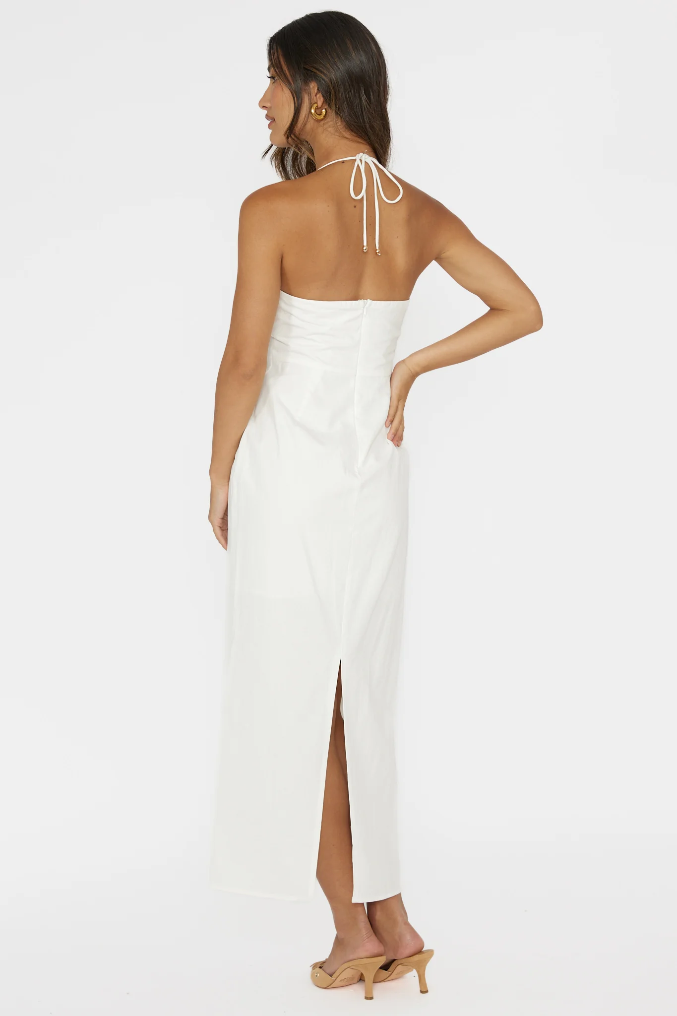 Arielle Gathered Bust Halterneck Midi Dress White - Seraphlike