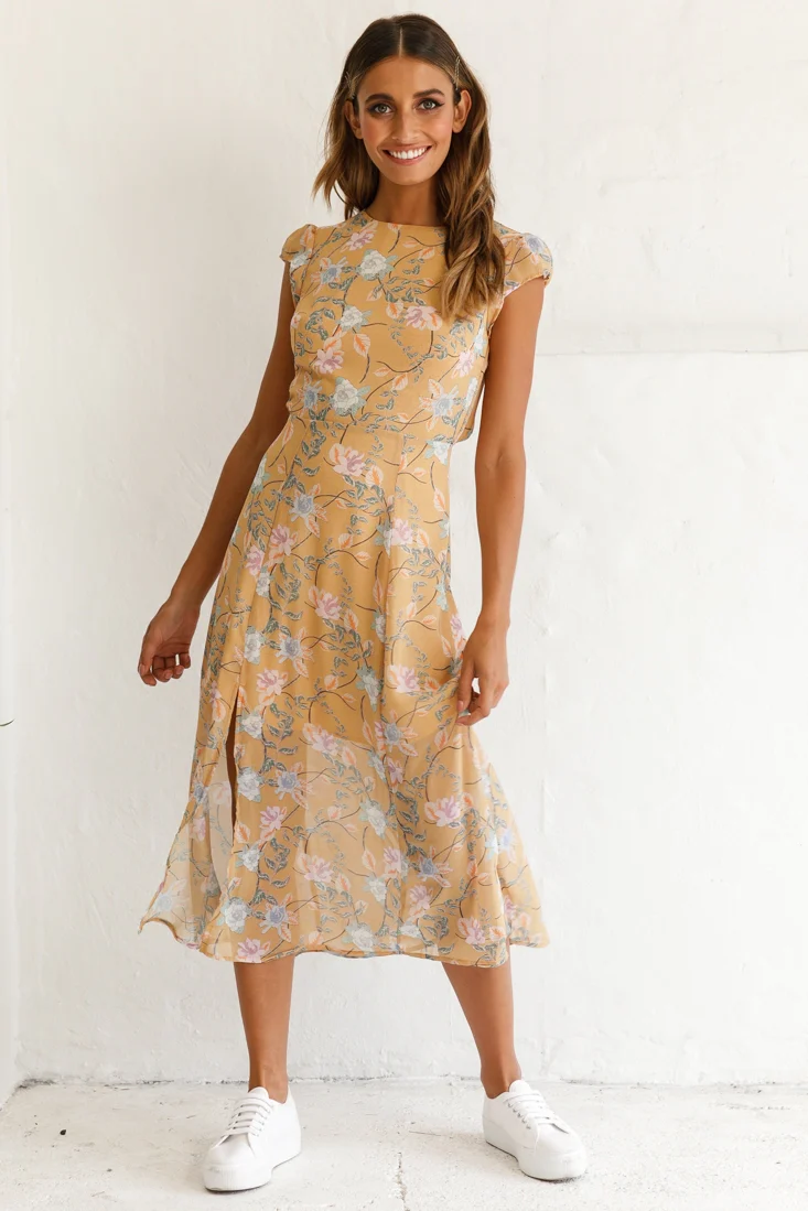 Becky Cap Sleeve Crew Neck Midi Dress Floral Print Mustard - Seraphlike