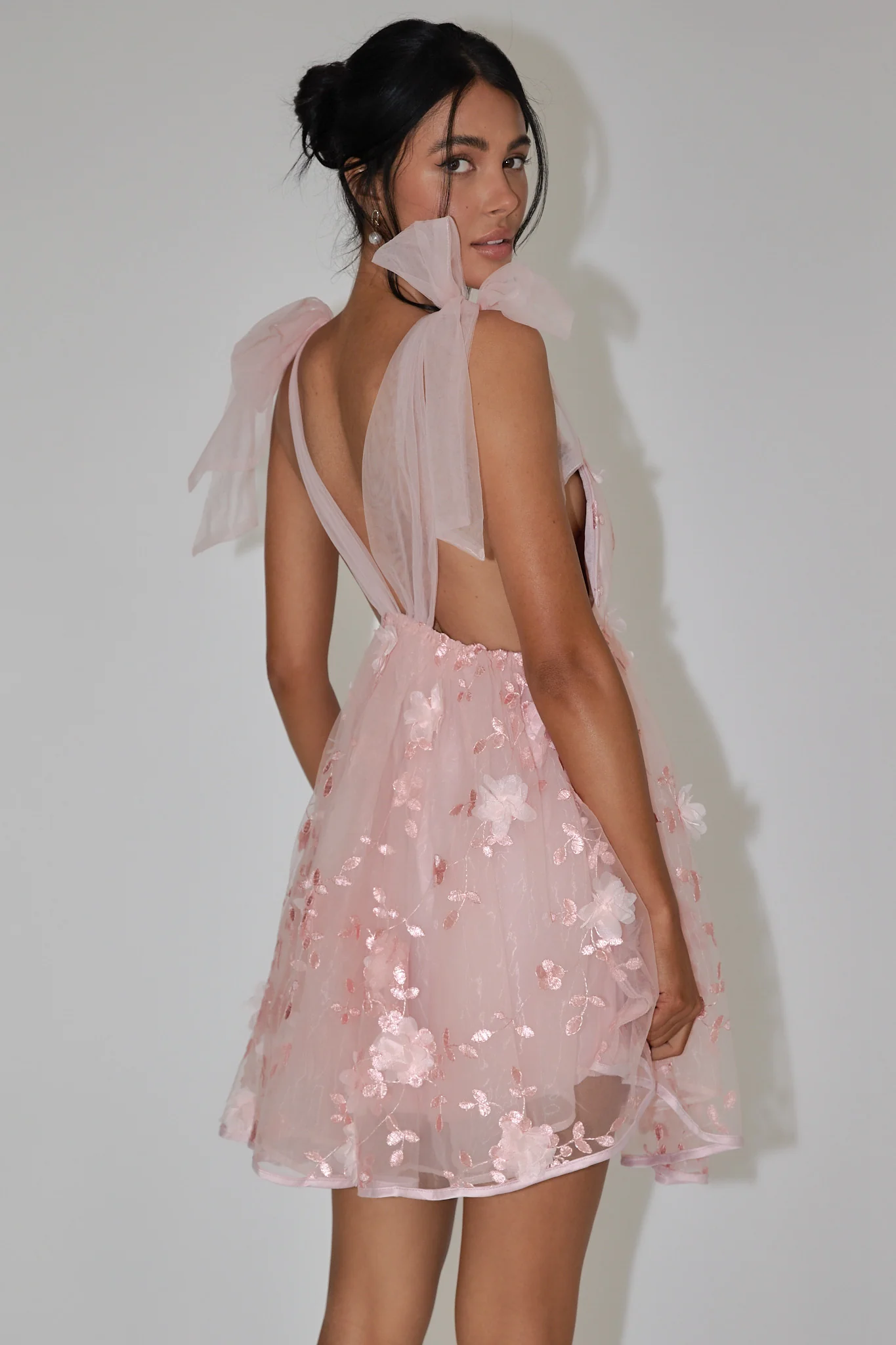 Spring Bloom Tied Shoulder Embellished Mini Dress Pink - Seraphlike