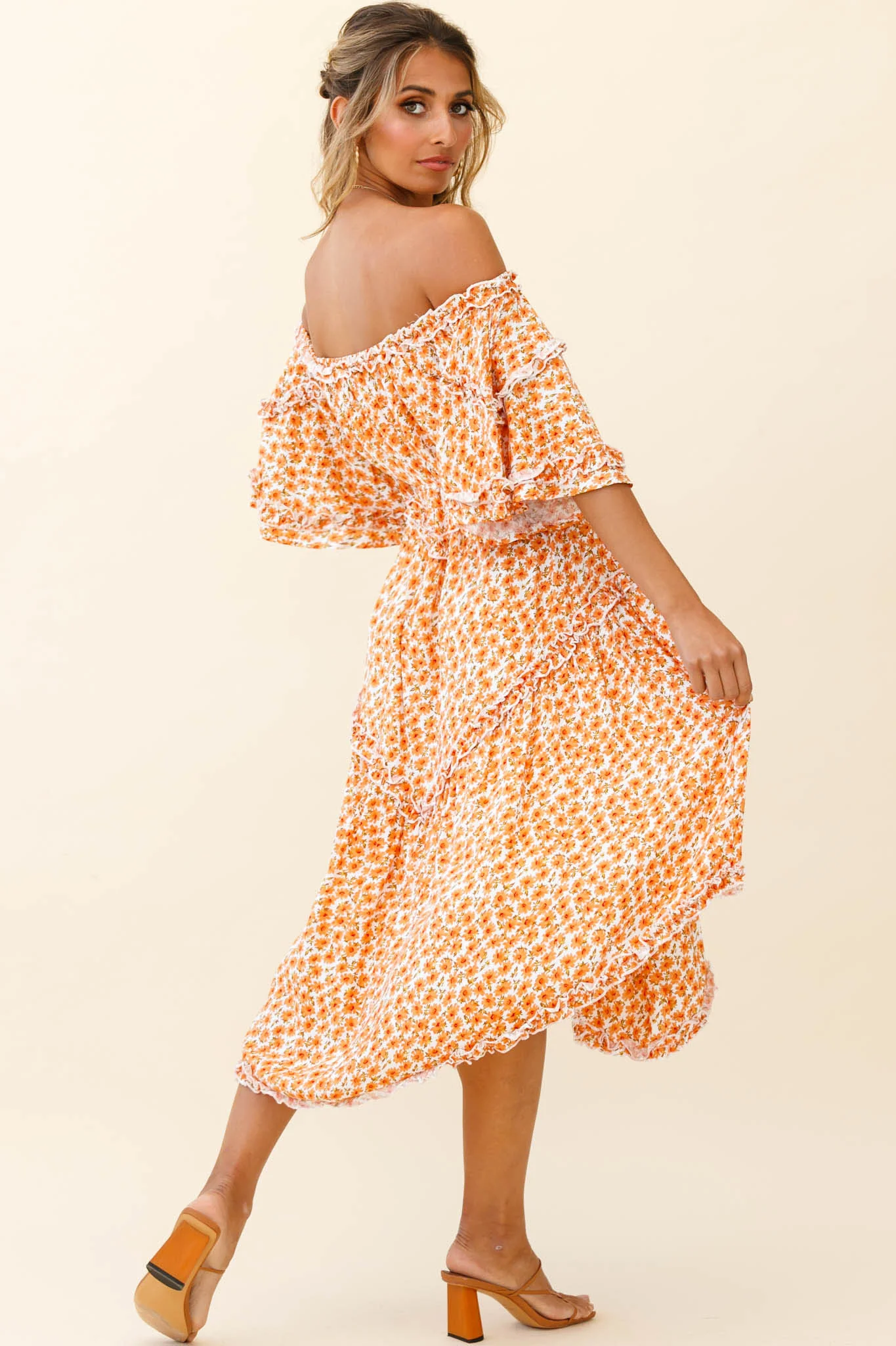 Renoir Off-Shoulder Frill Trim Dress Floral Print Orange - Seraphlike
