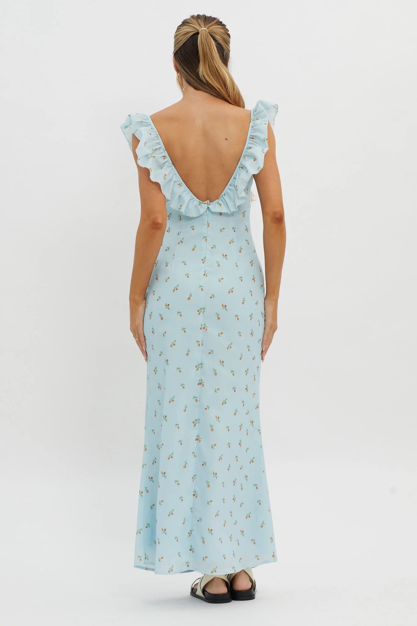 Merci Beaucoup Frill Neckline Maxi Dress Blue - Seraphlike