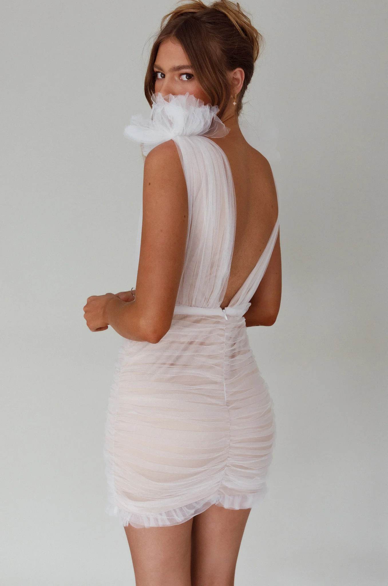 Ludivine Shoulder Accent Mesh Mini Dress White - Seraphlike