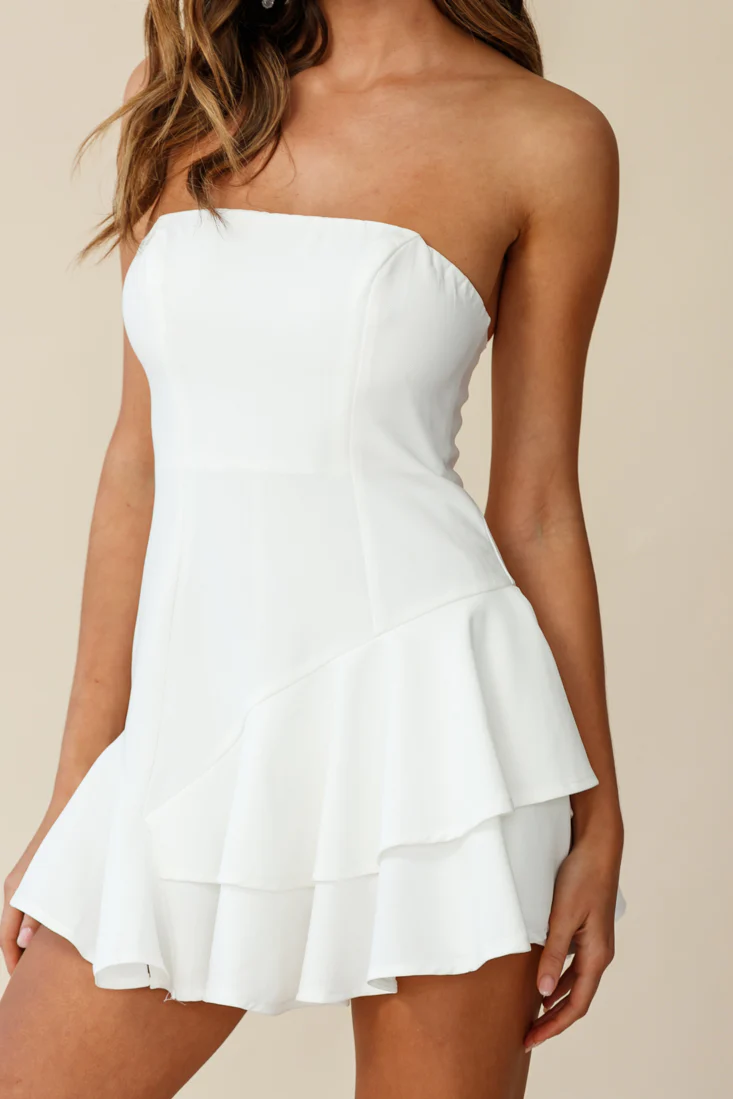 Candy Strapless Layered Ruffle Hem Romper White - Seraphlike