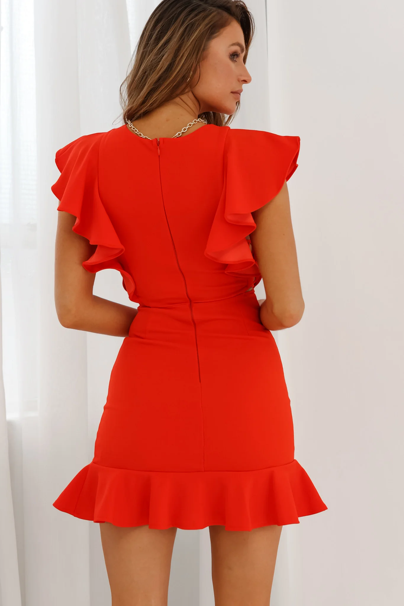 Cupid's Bow Ruffle Shoulder Bodycon Dress Red - Seraphlike