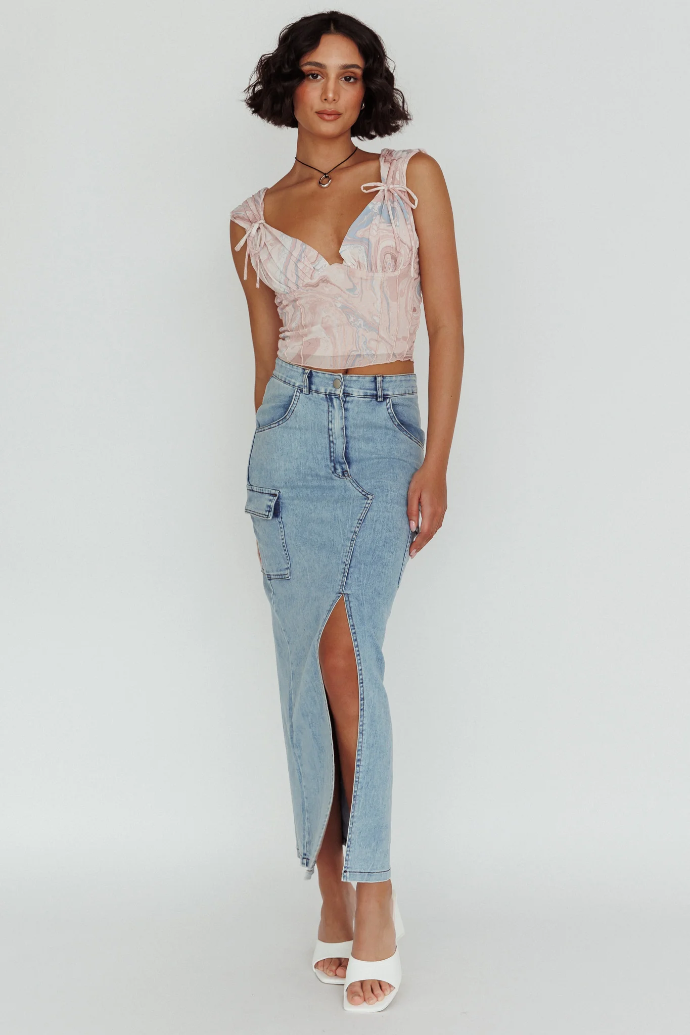 Fairfax Shoulder Tie Crop Top Pink Multi - Seraphlike