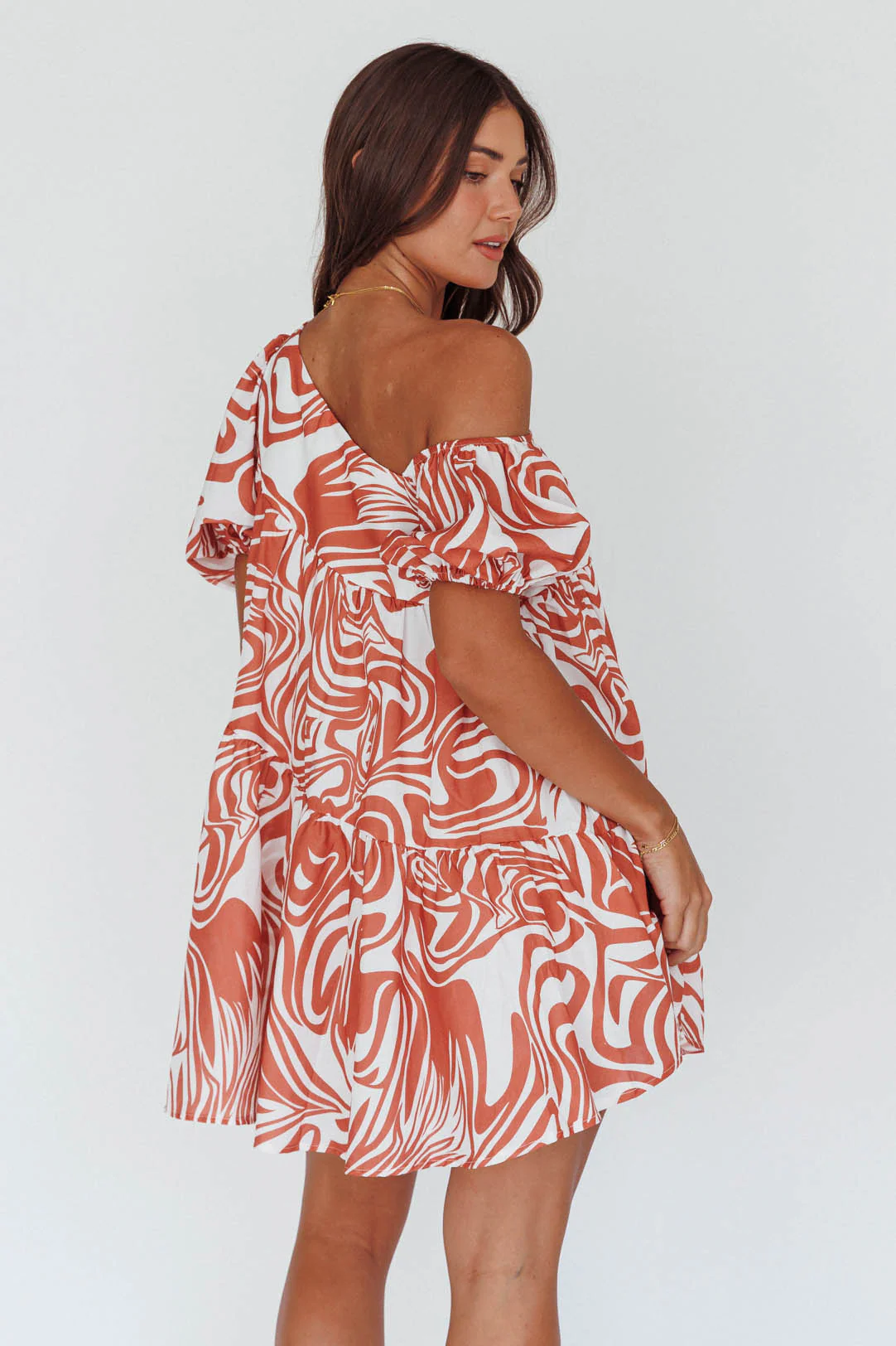 Villa Puff Sleeve One-Shoulder Dress Terracotta - Seraphlike