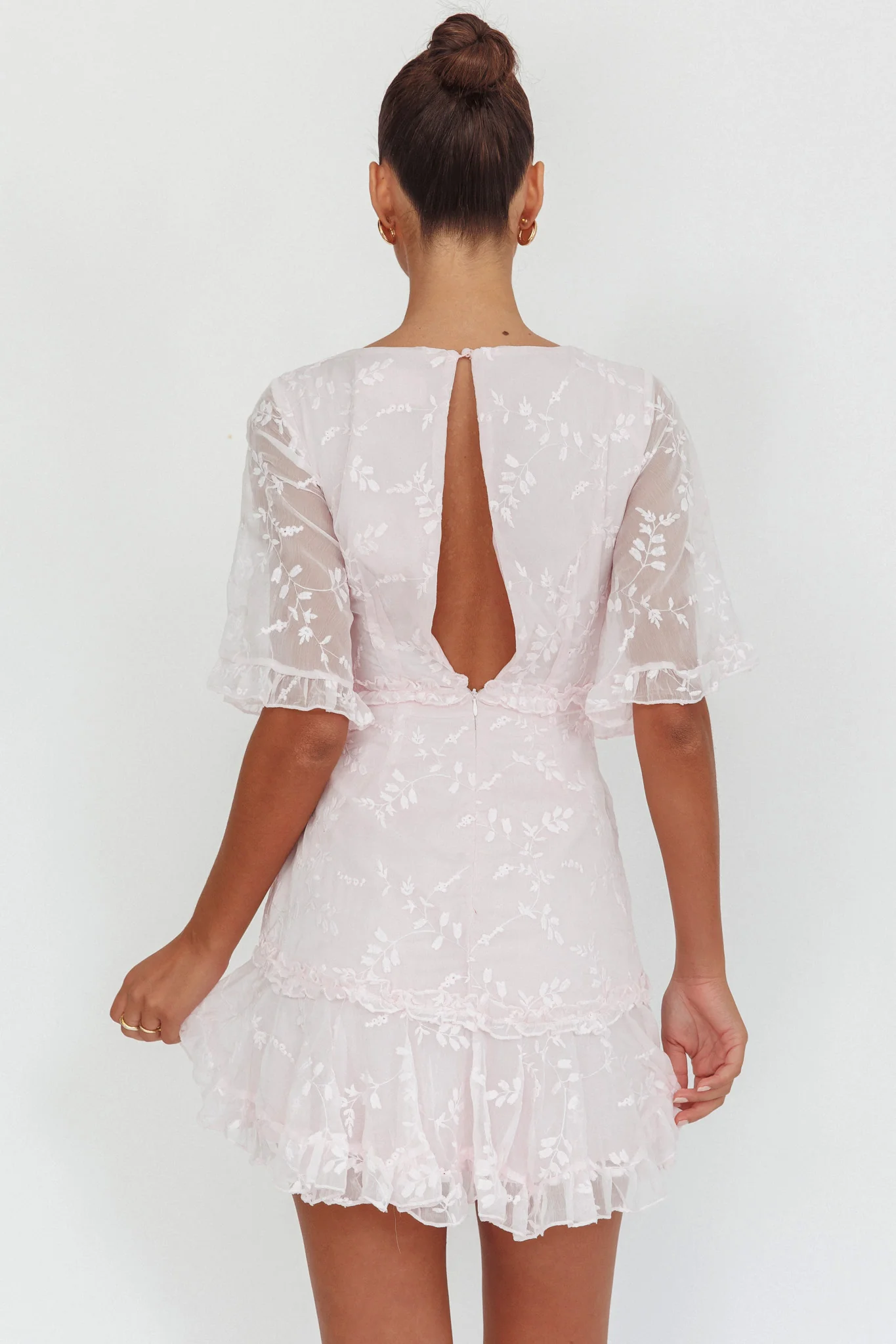 Leona Half Sleeve Frill Trim Dress Embroidered Blush - Seraphlike