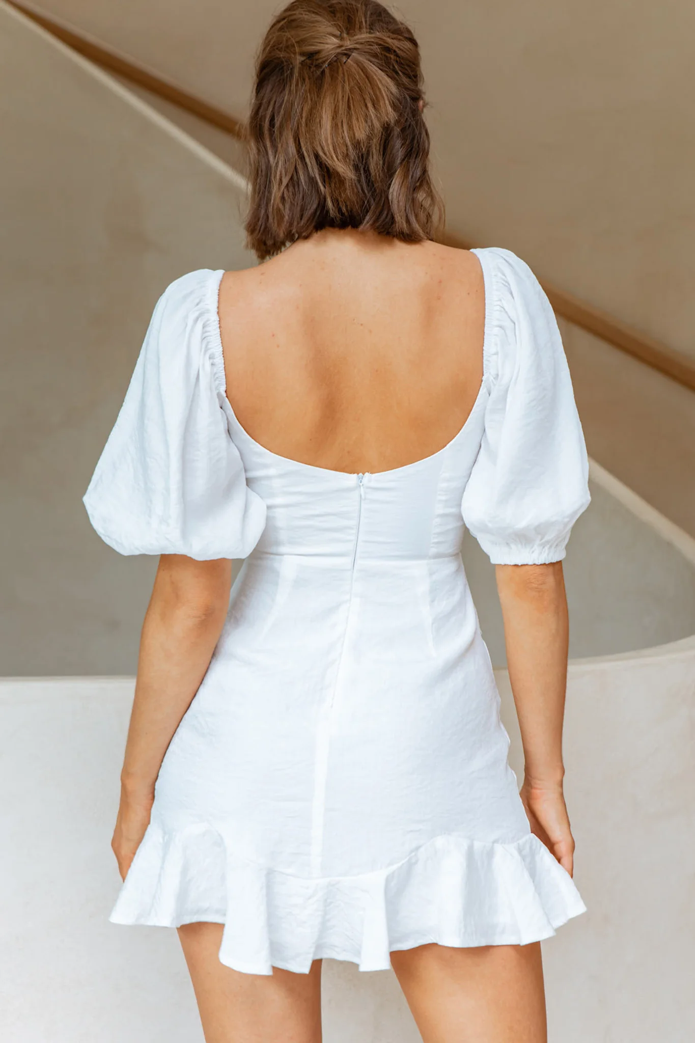 Alma Drawstring Circle Bust Puff Sleeve Mini Dress White - Seraphlike