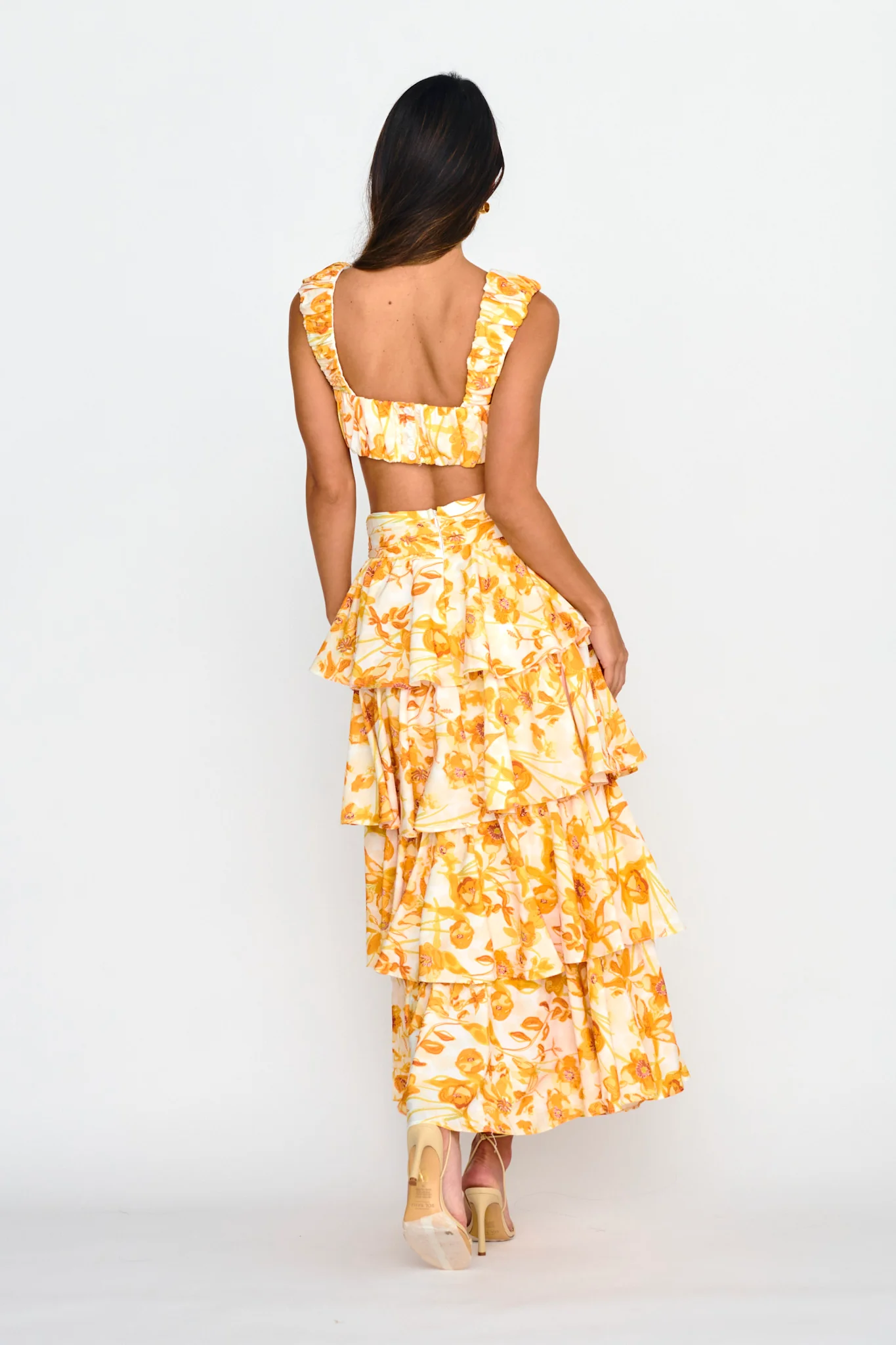 Suenito Gathered Crop Top Floral Orange - Seraphlike