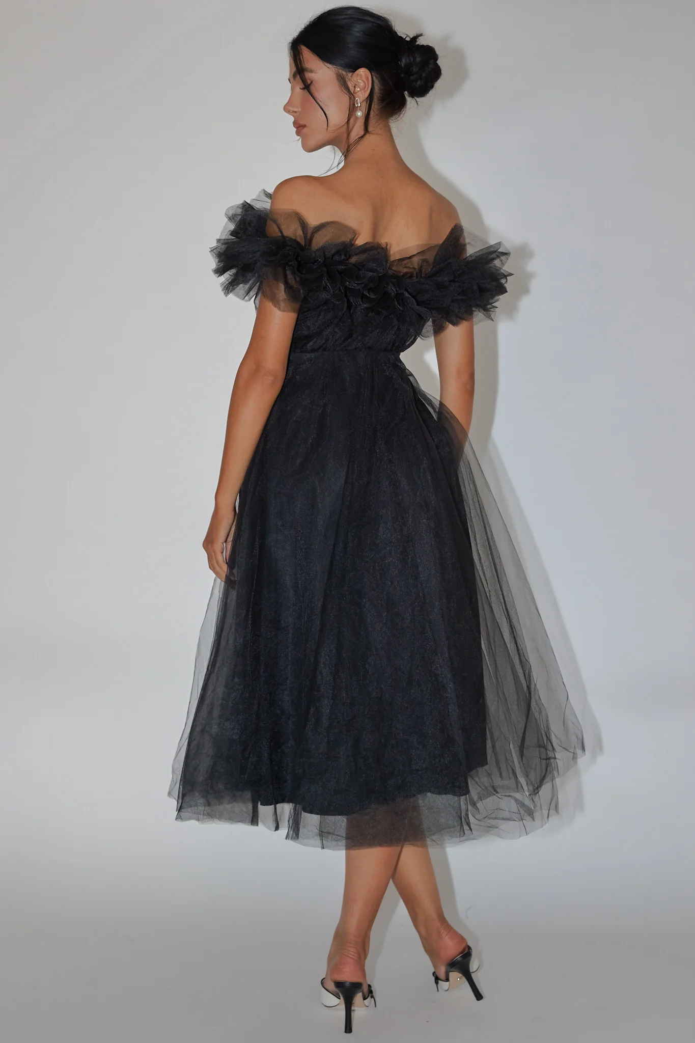 May Rose Off-Shoulder Tulle Midi Dress Black - Seraphlike