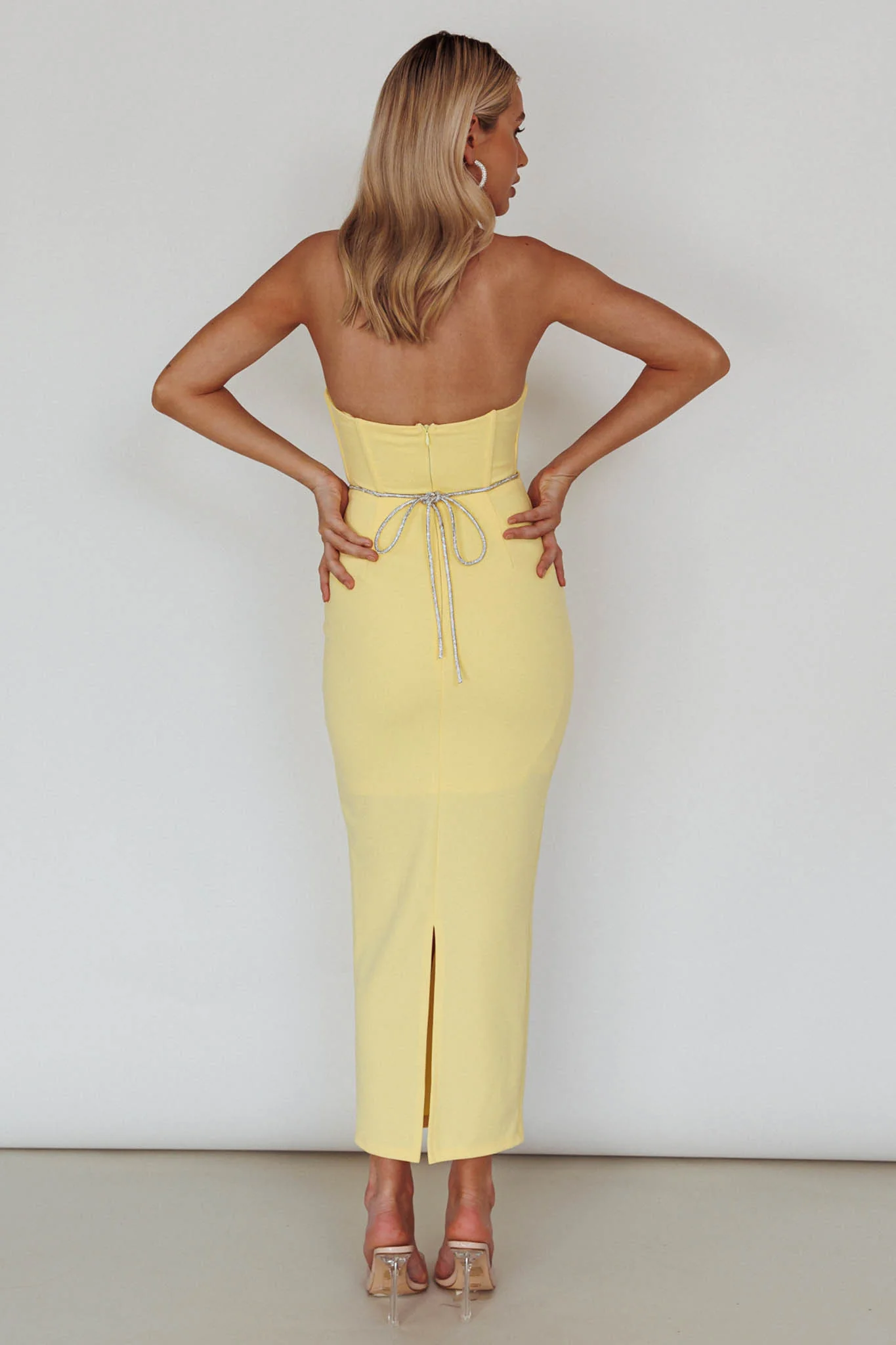 Nohemi Strapless Diamante Midi Dress Yellow - Seraphlike