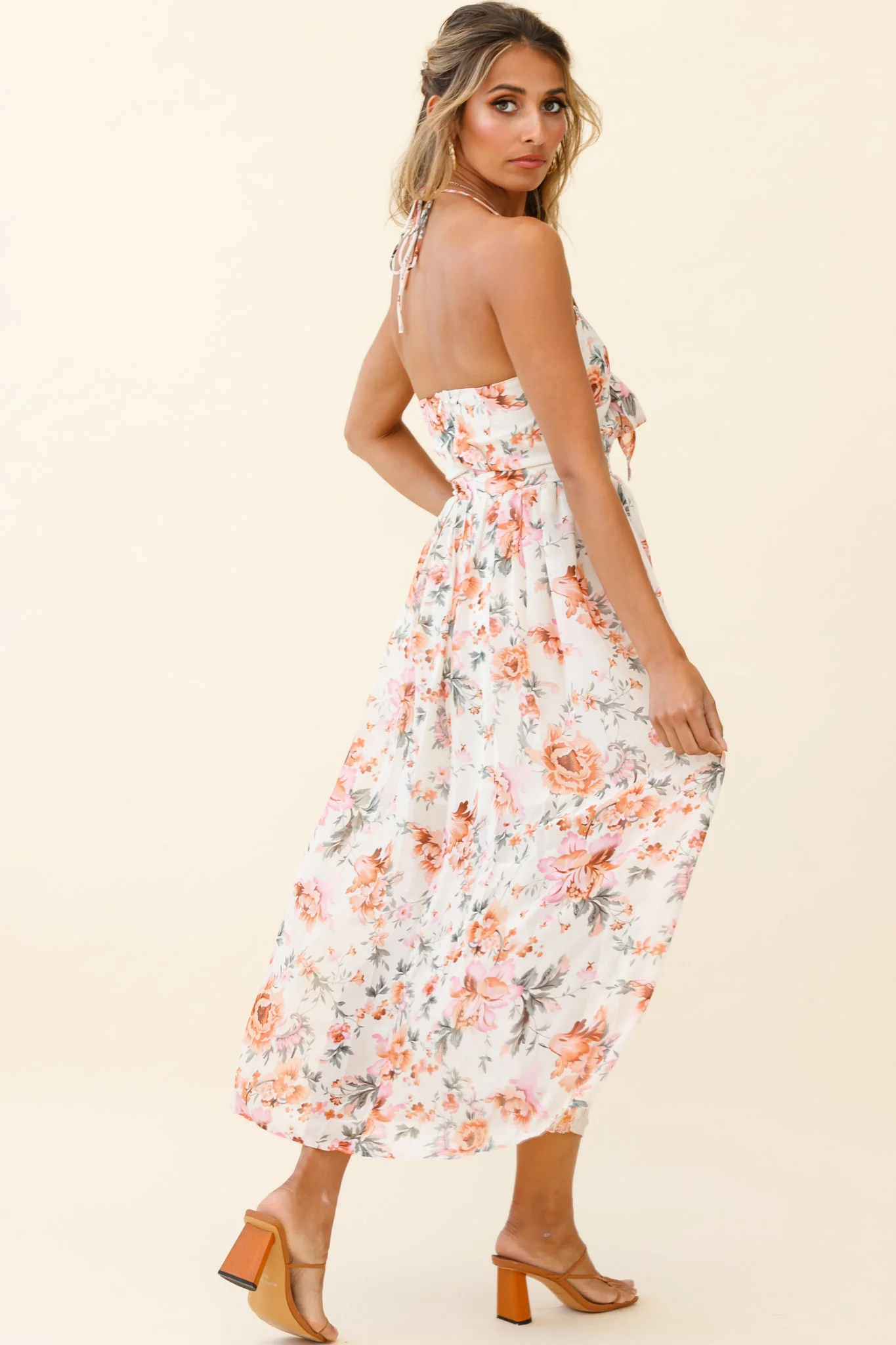 Los Feliz Tied Bust Halterneck Midi Dress Floral Print Pink - Seraphlike