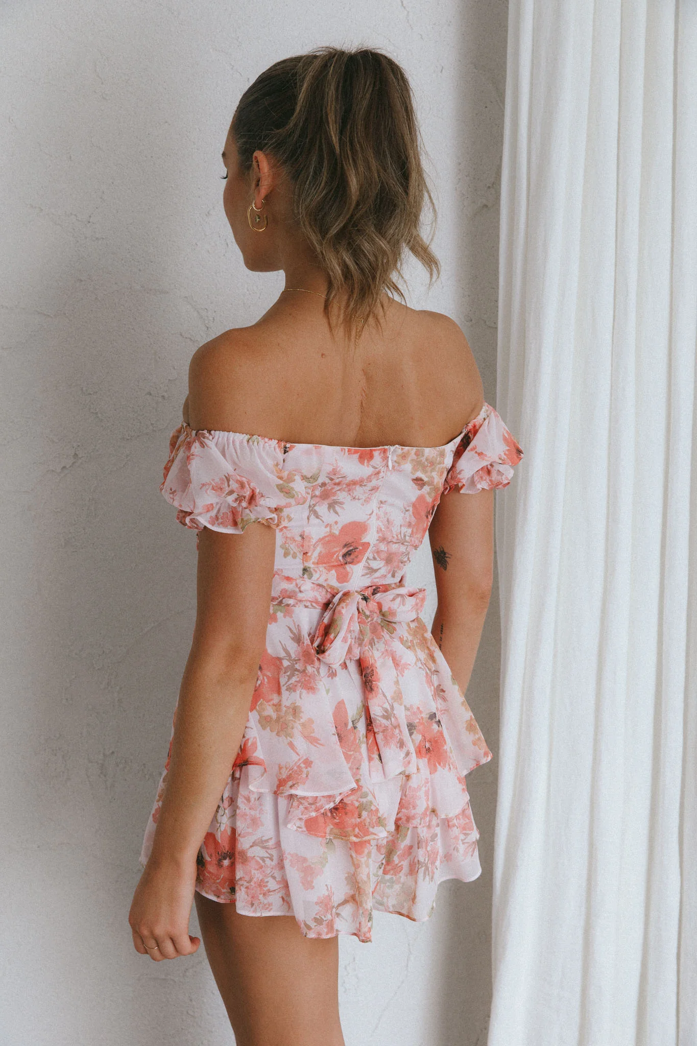 Linka Off-Shoulder Tie Back Romper Floral Pink - Seraphlike