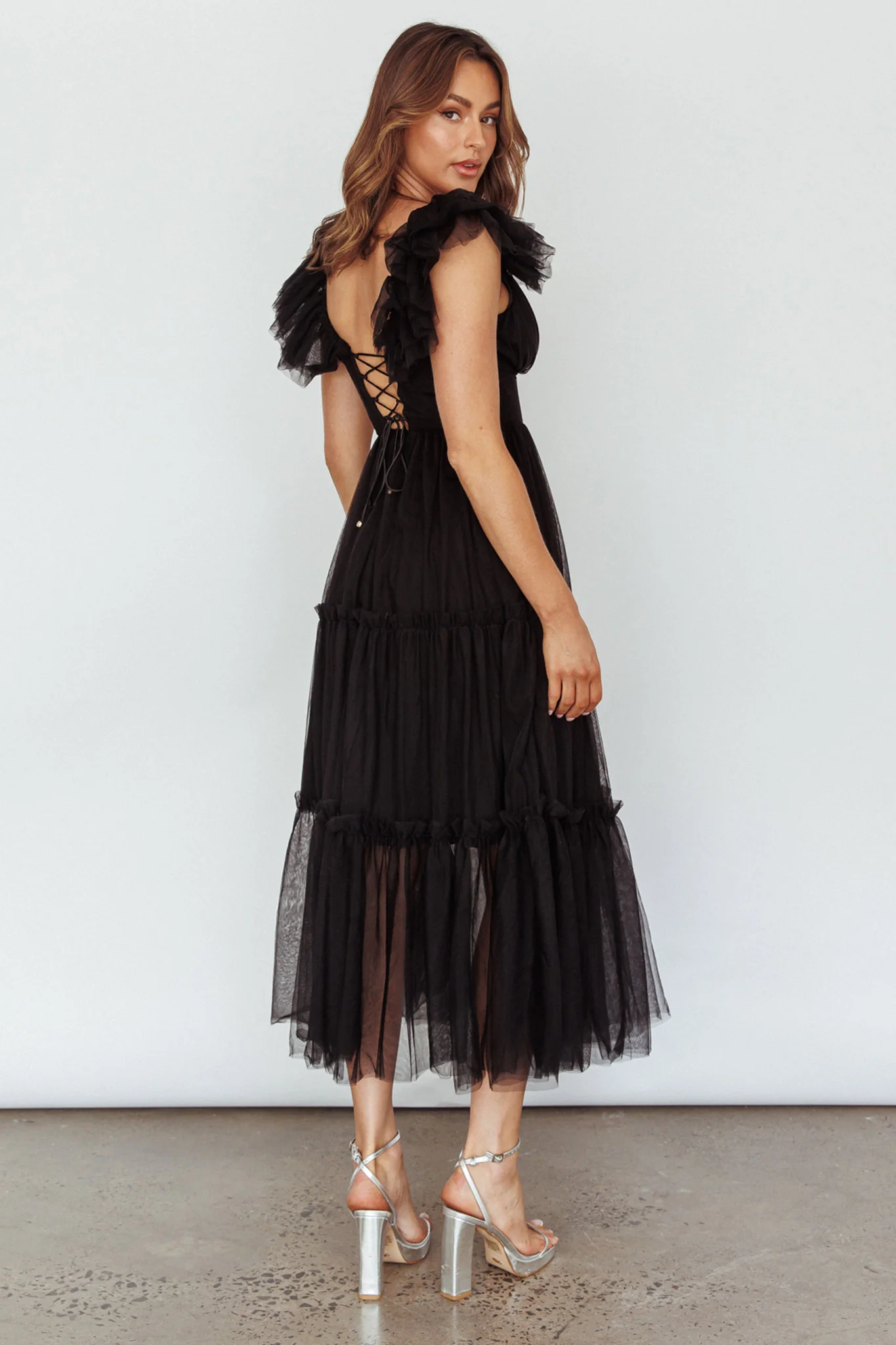 Amal Ruffle Shoulder Tulle Midi Dress Black - Seraphlike