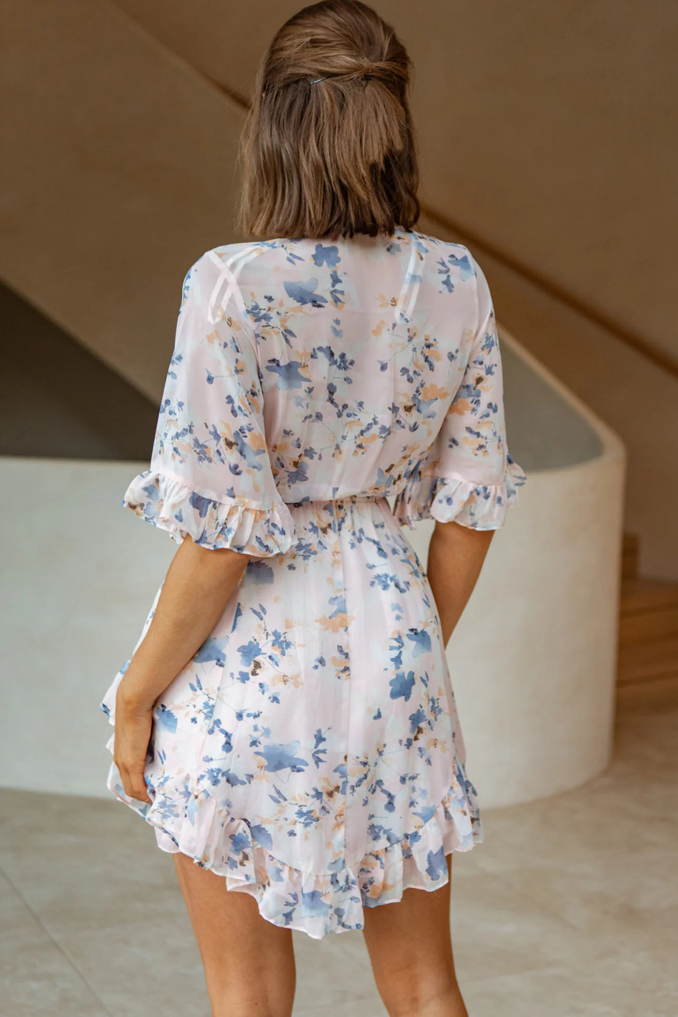 El Cerrito Flared Sleeve Godet Hem Dress Floral Print Pink - Seraphlike